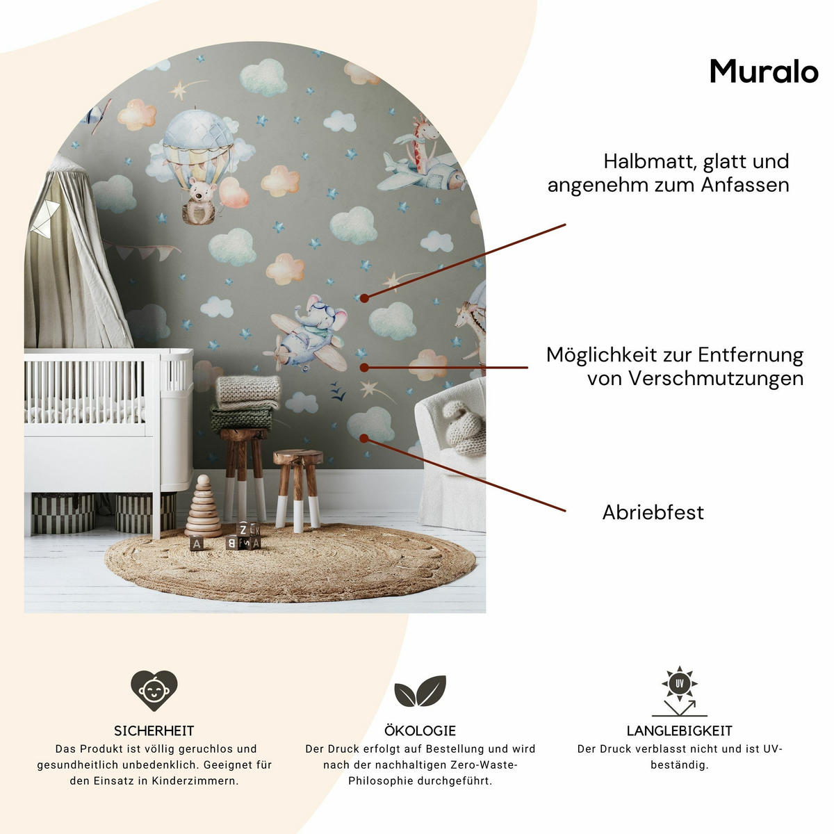 WANDAUFKLEBER SET für Kinder Tiere Wolken Flugzeuge Sterne 60x30 - Gelb/Beige, Papier (60/30/1cm) - Muralo