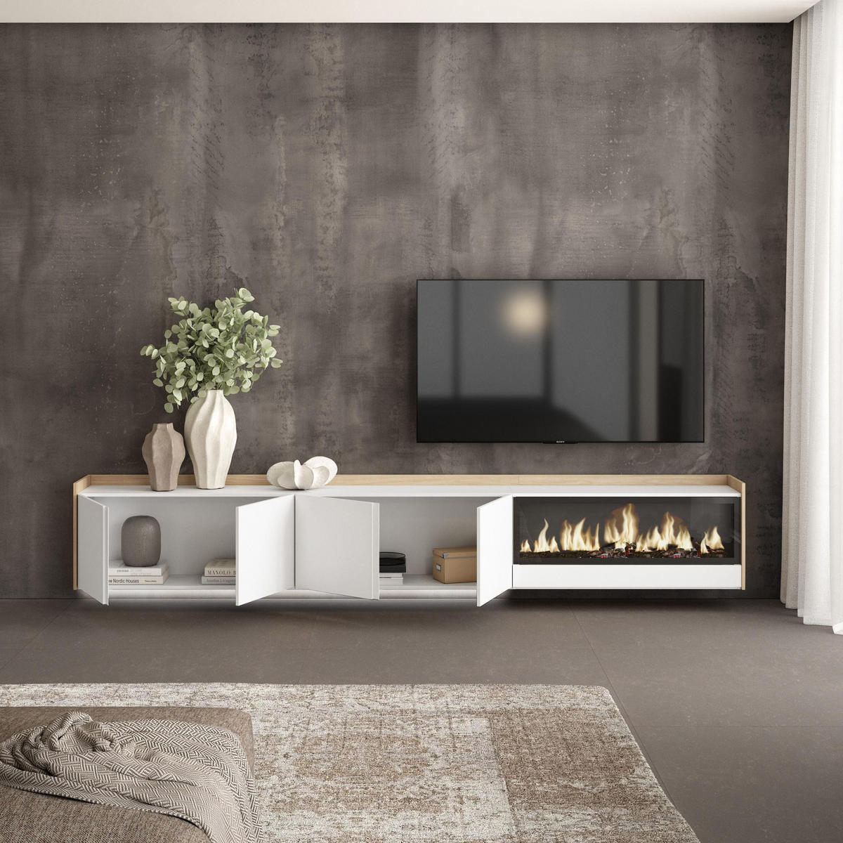 LOWBOARD, Weiß und Eiche, 315/35/50cm, Kamin mit Feuereffekt XXL - Weiß, Holzwerkstoff (315/50/35cm) - Skraut Home