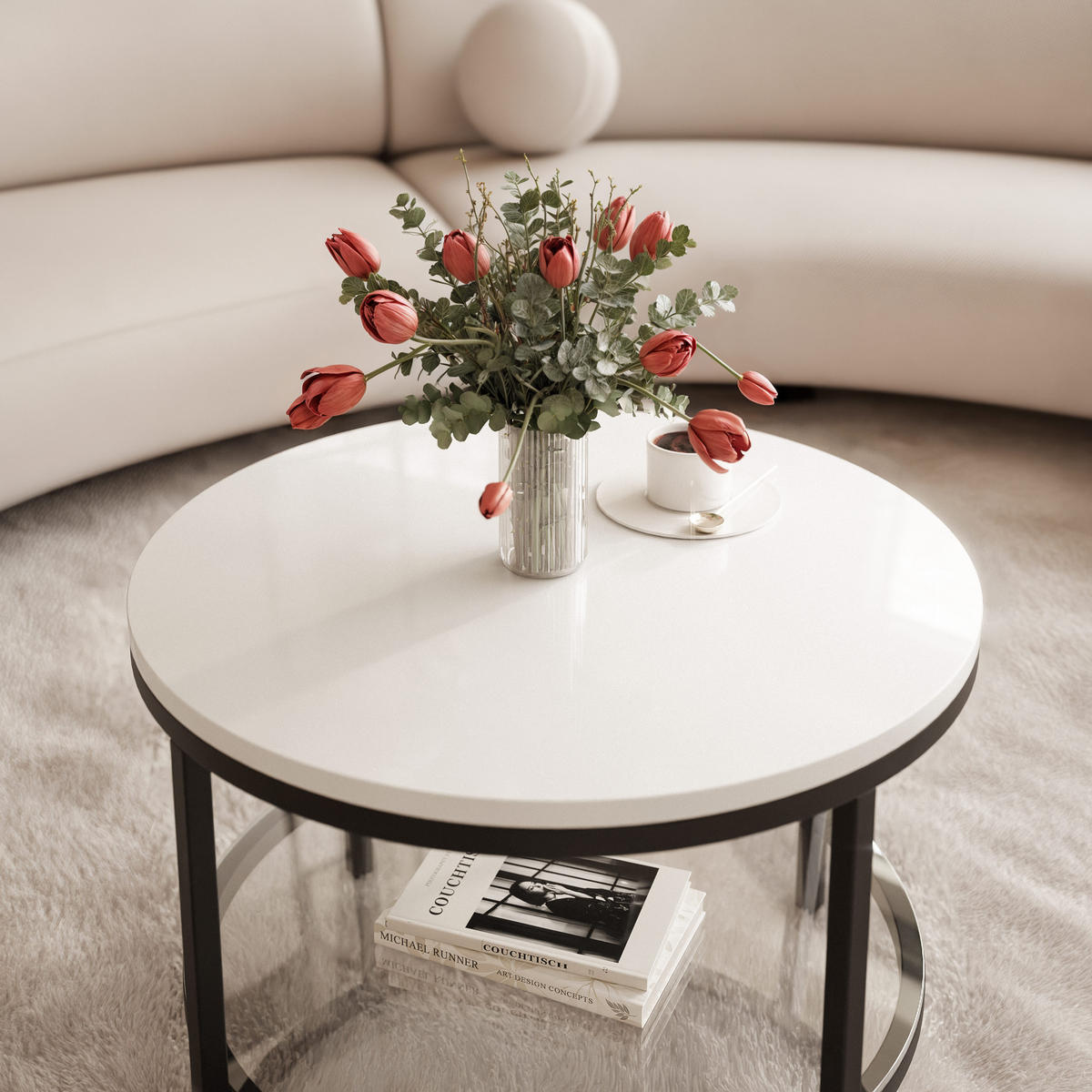 COUCHTISCH CANDY 60/42 cm runden, Schwarz / Weiß Hochglanz - Weiß Hochglanz/Schwarz, Metall (60/60/42cm) - Idohome