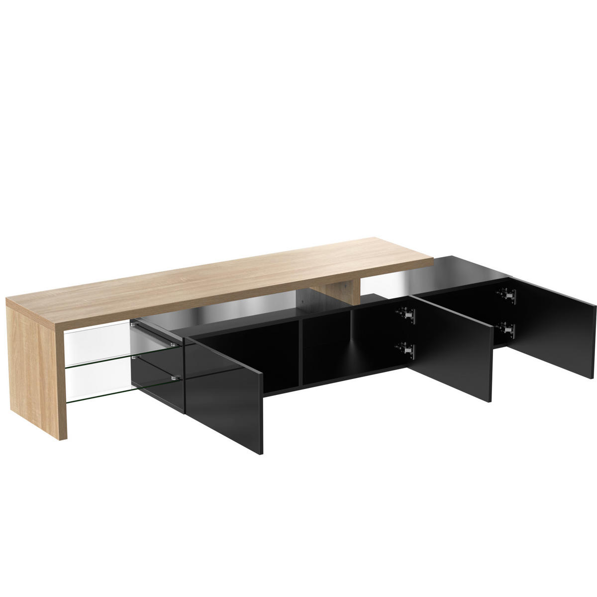 LOWBOARD 197,5/39/42 cm aus MDF und Glas mit 7-farbiger LED-Beleuchtung Schwarz/Natur - Naturfarben, Holzwerkstoff (197.5/42/39cm) - Modenvie