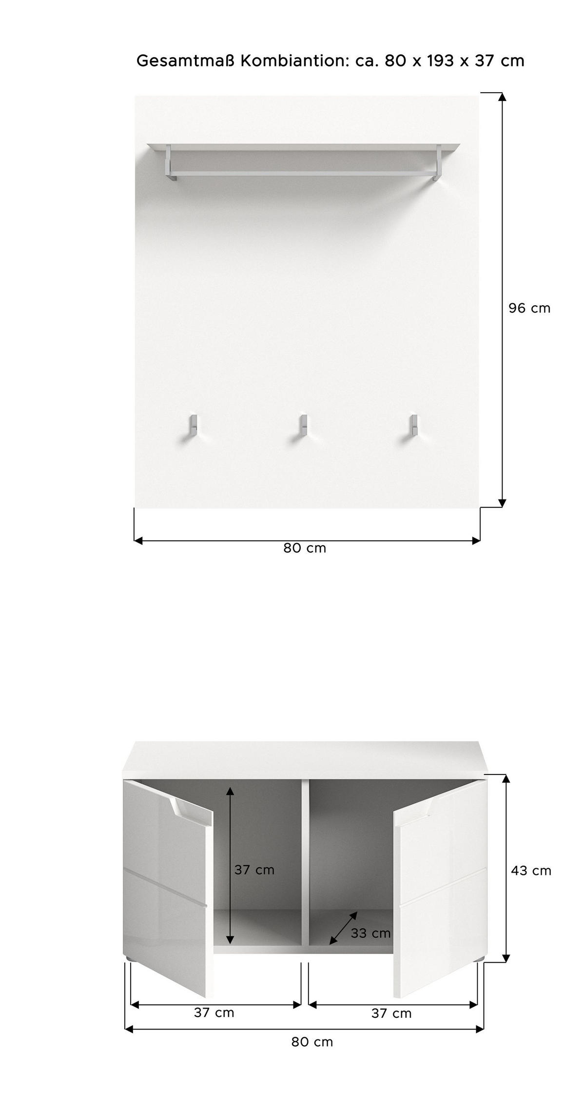 GARDEROBEN-SET SOLERO 2-tlg. (B/H/T: ca. 80/193/37 cm) in Weiß/weiß hochglanz - Weiß, Holzwerkstoff (80/193/37cm)