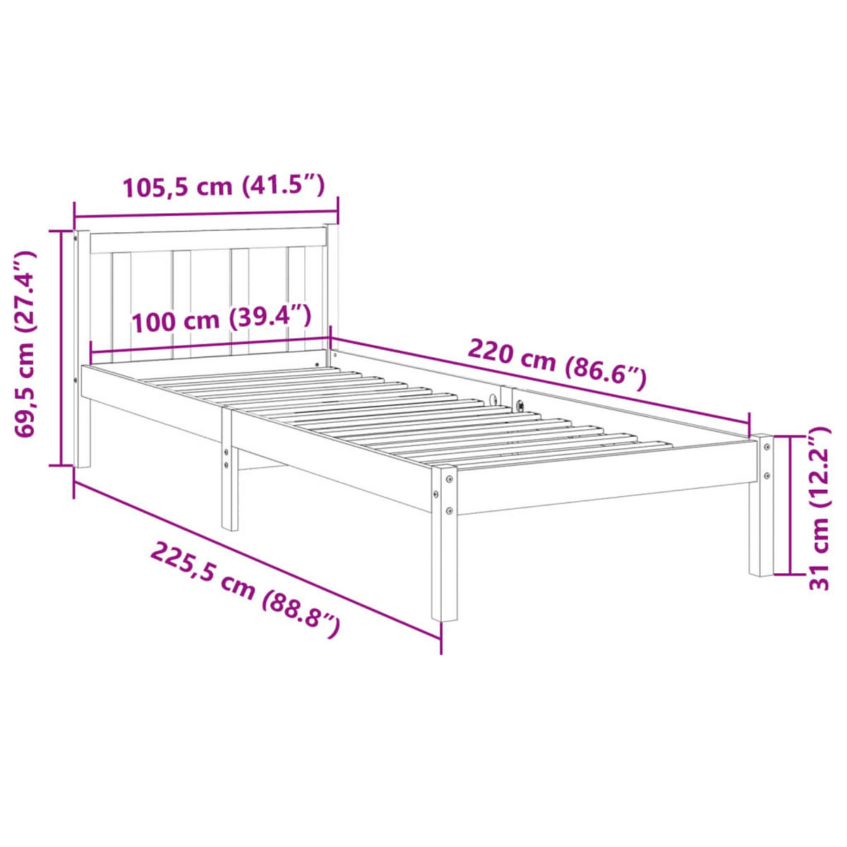 MASSIVHOLZBETT Extra Lang Ohne Matratze Weiss 100/220 Kieferholz - Weiß, Holz (100/220cm) - vidaXL