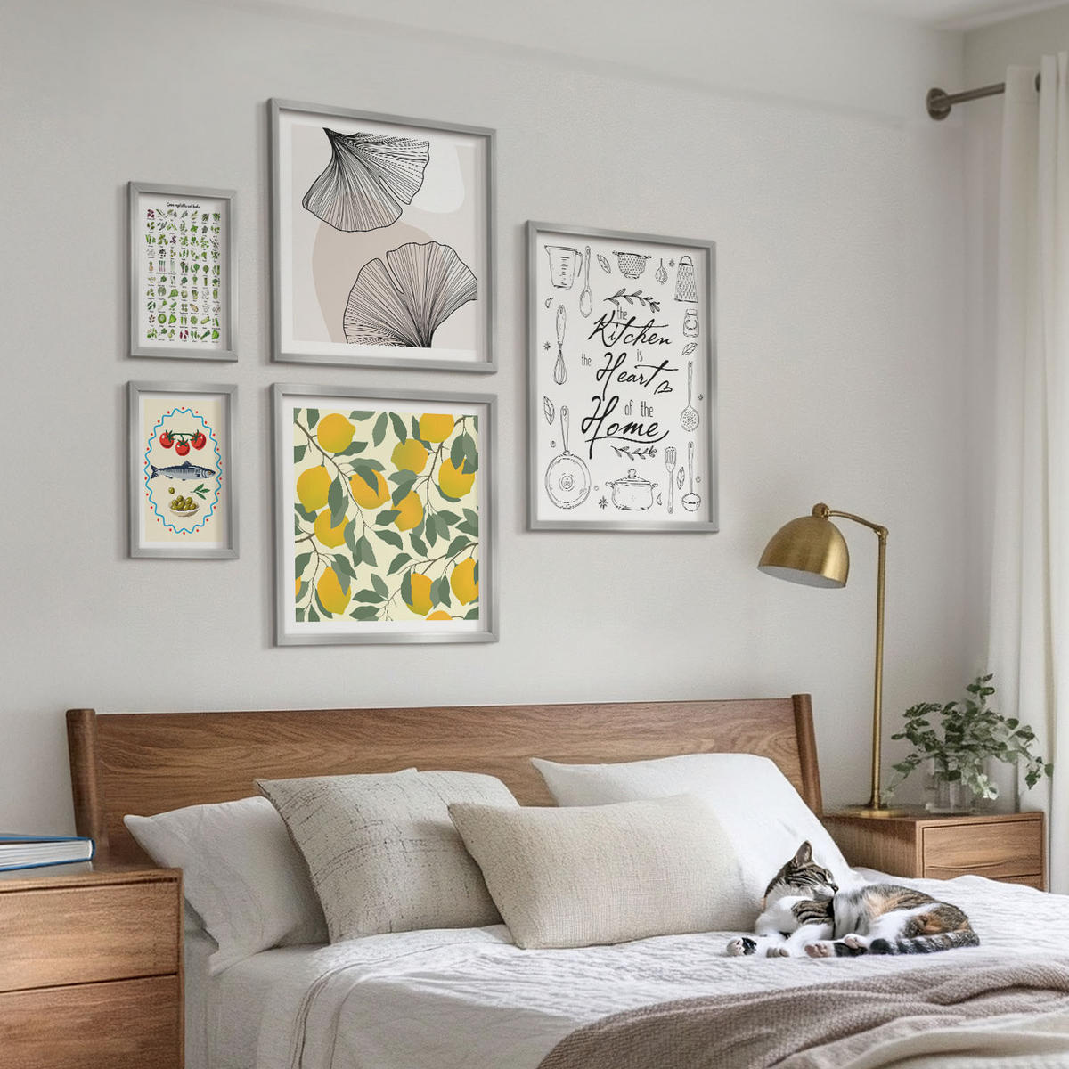 BILDER SET 5er Set - 50x50 cm & 20x30 cm & 40x60 cm Silberner Rahmen - Küchenkräuter-Zitronen-Malerei - Silberfarben, Kunststoff (40/60cm) - TULUP