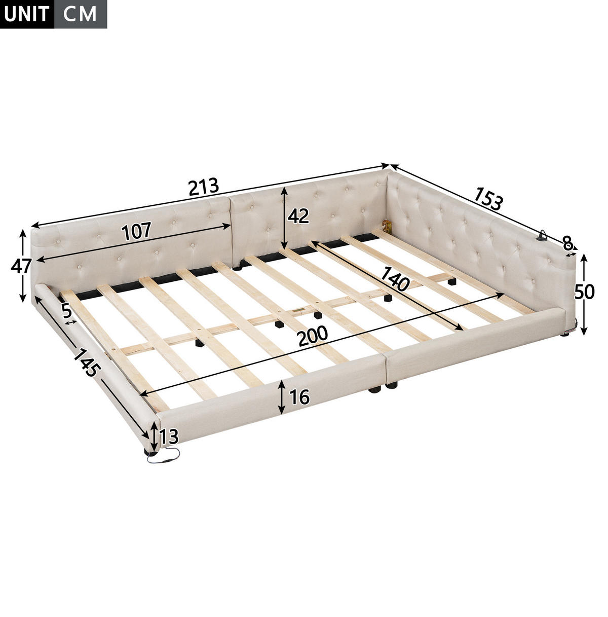 POLSTERBETT 140/200 cm Beige aus Leinen mit LED-Beleuchtung und USB-Anschluss - Beige, Textil (140/200cm) - OKMYHOME