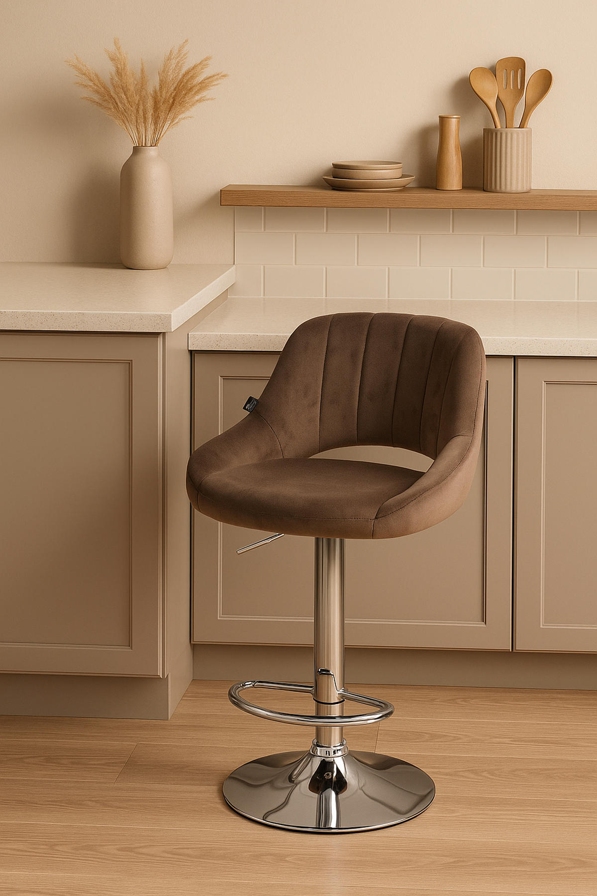 BARHOCKER Milos Samt chrom braun - Chromfarben/Braun, Textil/Metall (47/106/48cm) - TPFLiving