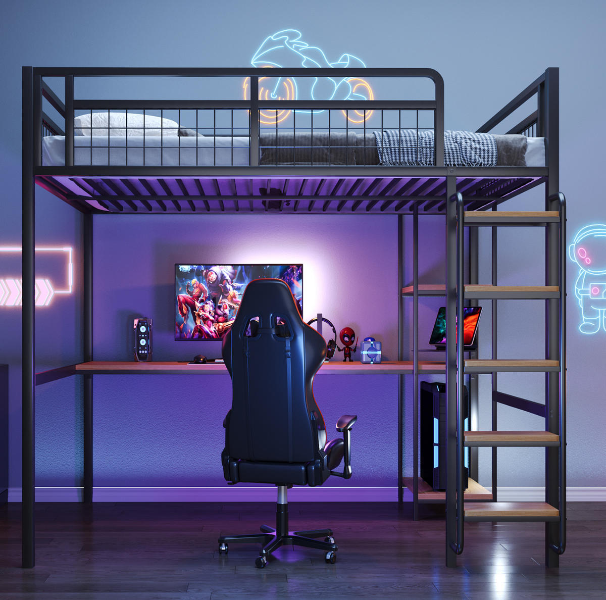 HOCHBETT 140/200 cm Schwarz aus Metall mit Schreibtisch und Regal - Schwarz, Metall (140/200cm) - OKMYHOME