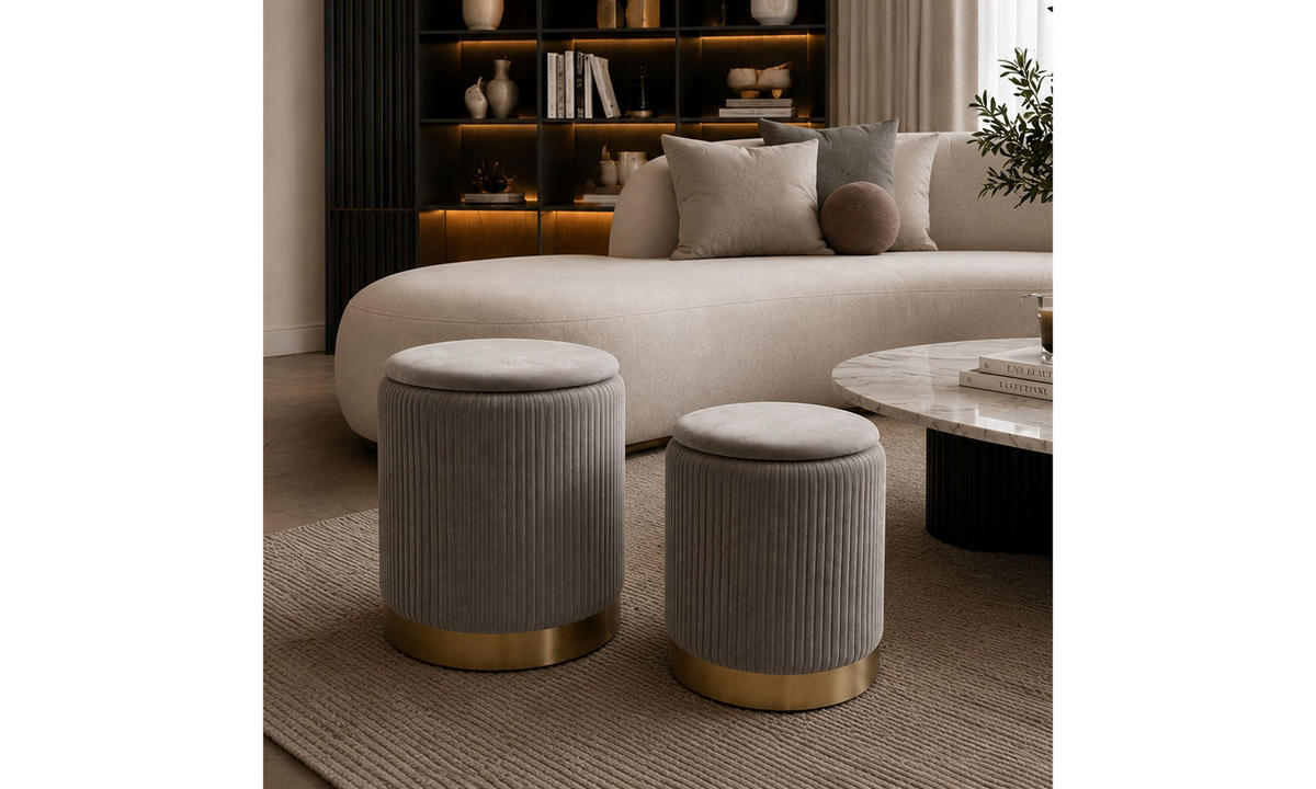HOCKER-SET GEMINI 37/37/42 cm Grau - Goldfarben/Grau, Textil/Metall (37/42/37cm) - Lookway