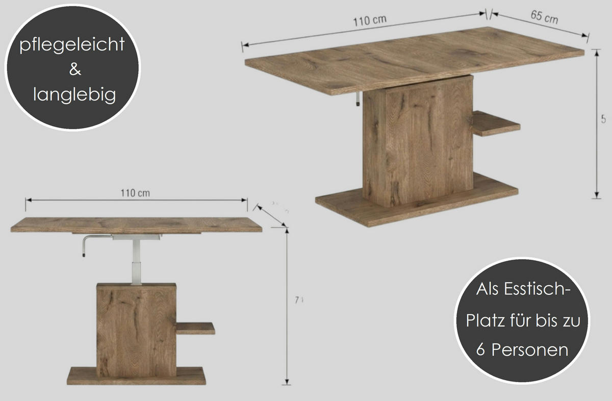 COUCHTISCH rechteckig stufenlos höhenverstellbar Ablage 110/65/54 cm - Eiche Artisan, Holzwerkstoff (65/110/54cm) - designimpex