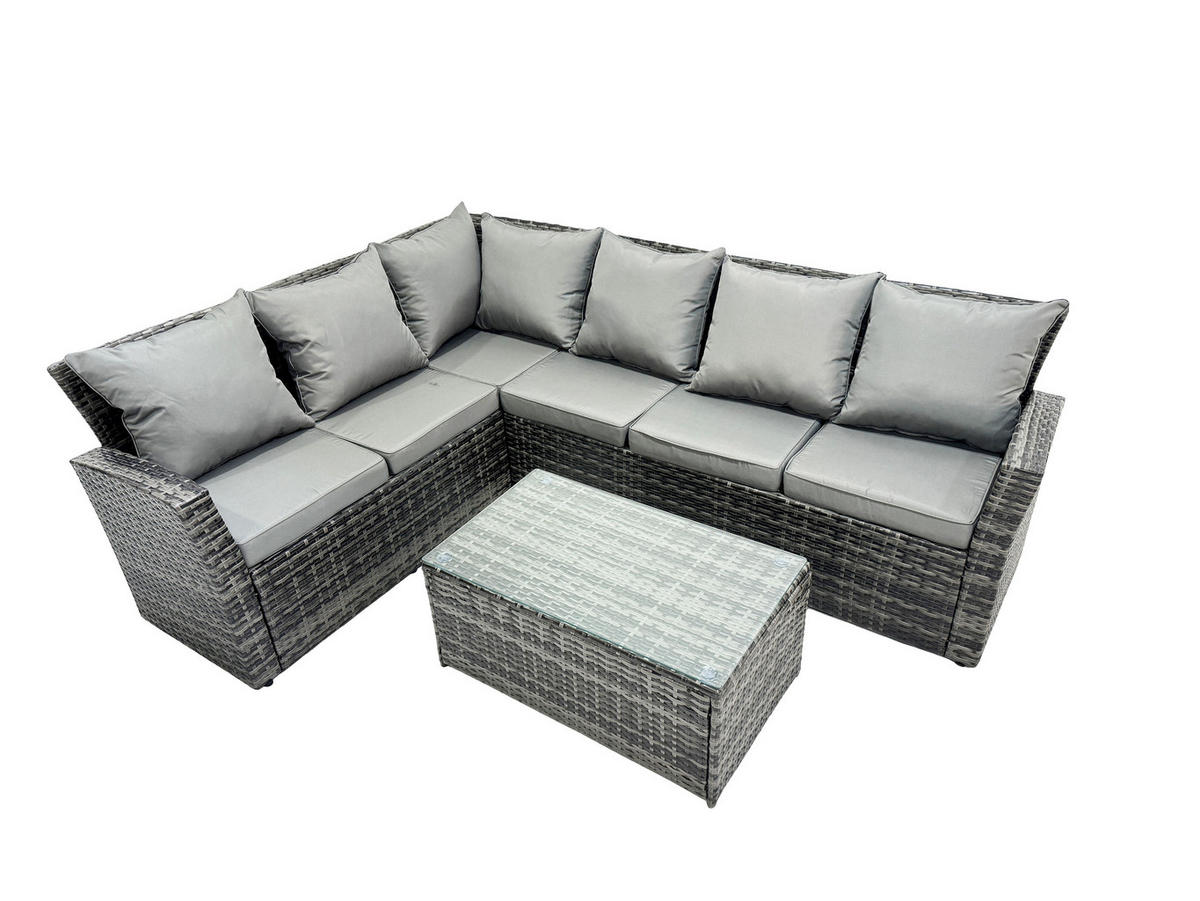 GARTENMÖBELSET linke Ecke Polyrattan Dunkelgrau 6-Sitzer - Dunkelgrau/Grau, Glas/Kunststoff - Fimous