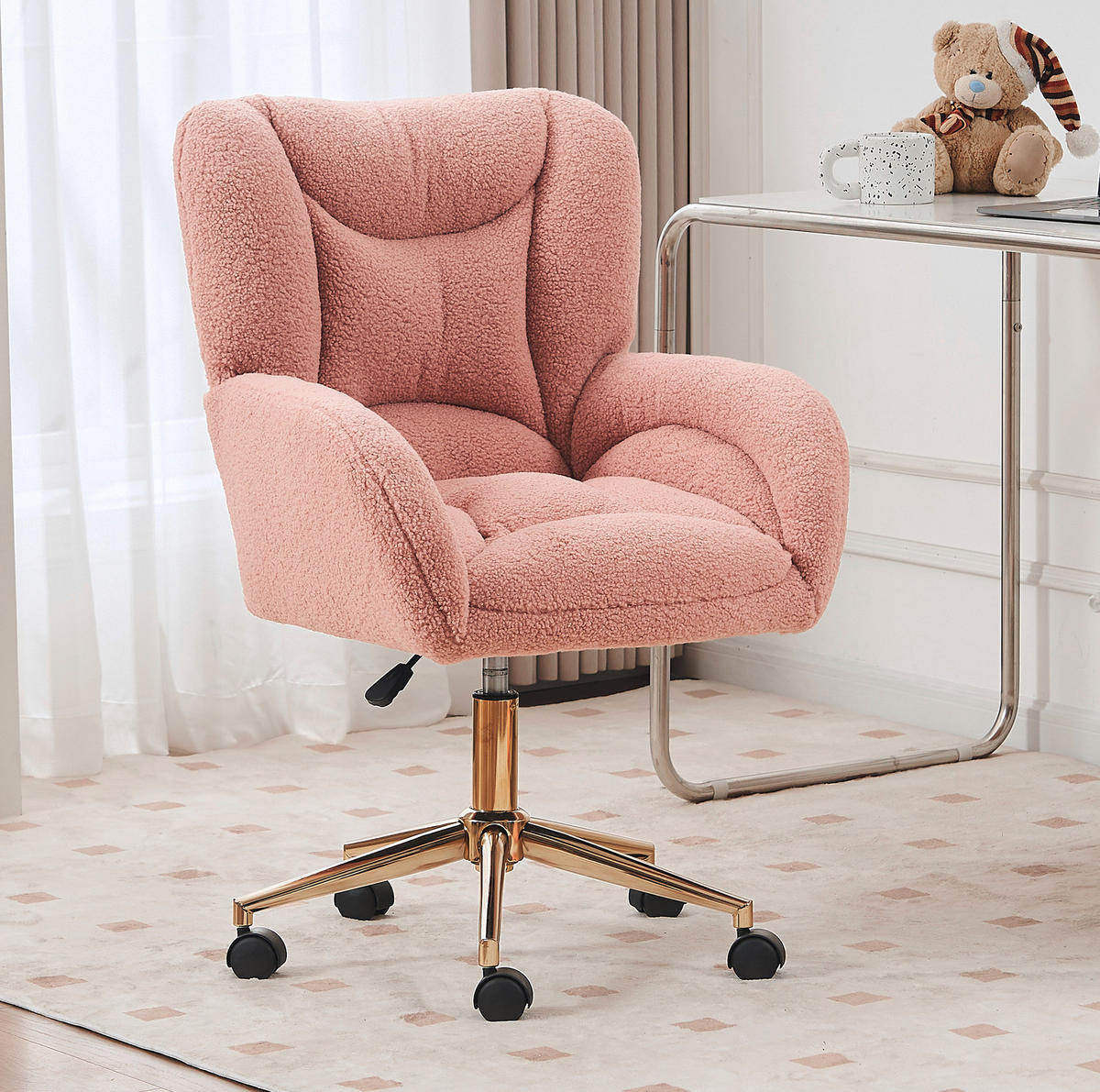 DREHSTUHL Teddy-Stoff höhenverstellbar und 360° drehbar 64/62/92.5 cm Rosa - Rosa, Textil (62/92.5/64cm) - Redom