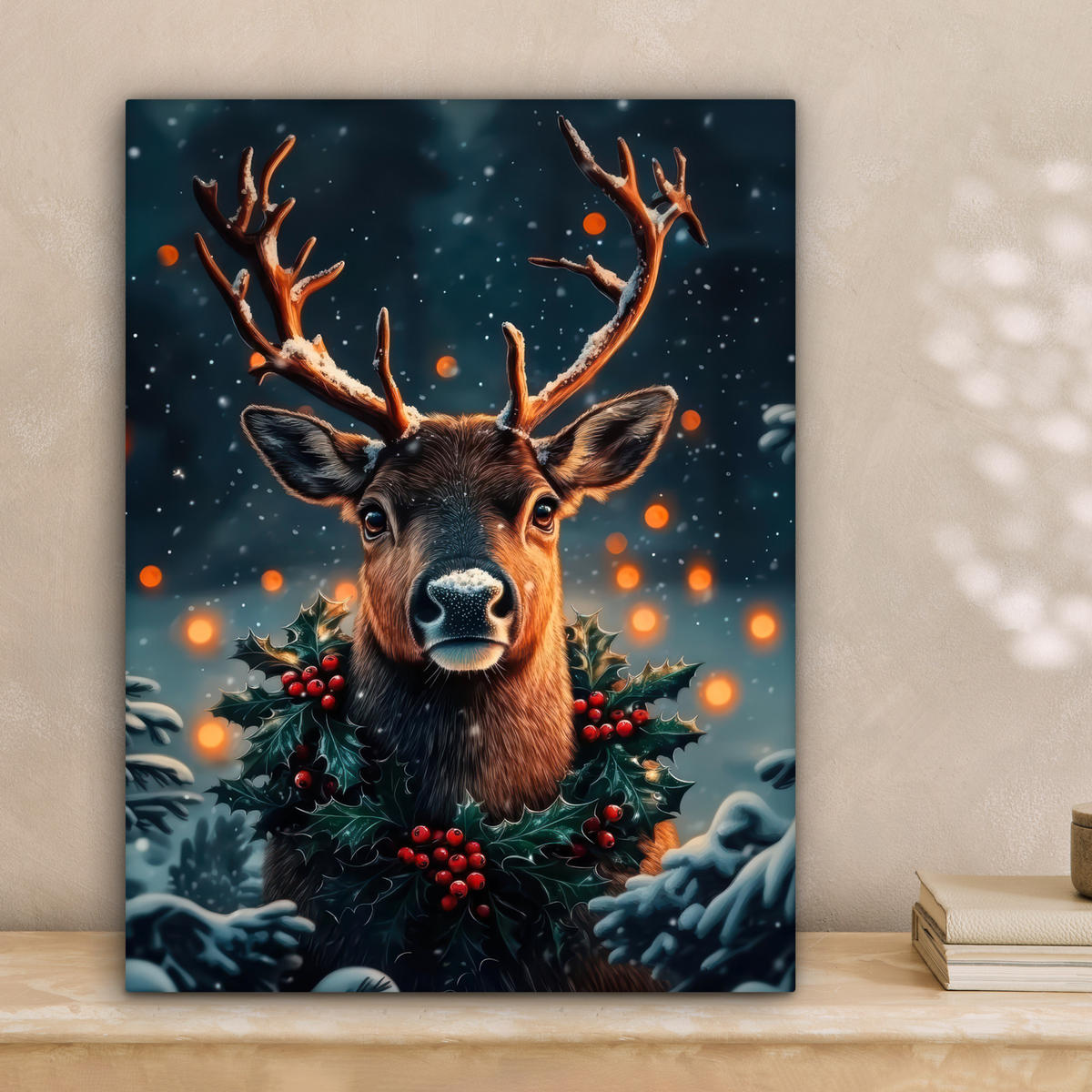 LEINWANDBILD Hirsch - Weihnachten - Winter - Schnee - Weihnachtskranz 30x40 cm - Dunkelbraun, Textil (30/40cm) - MuchoWow