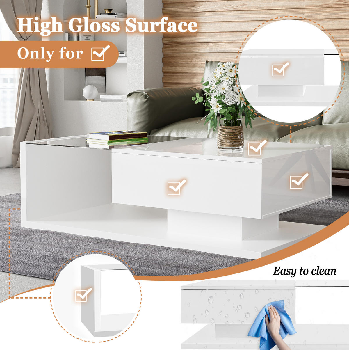 COUCHTISCH 105/55/32.5 cm Weiß aus Spanplatte mit Glasplatte und LED-Beleuchtung - Weiß, Holzwerkstoff (105/55/32.5cm) - OKMYHOME