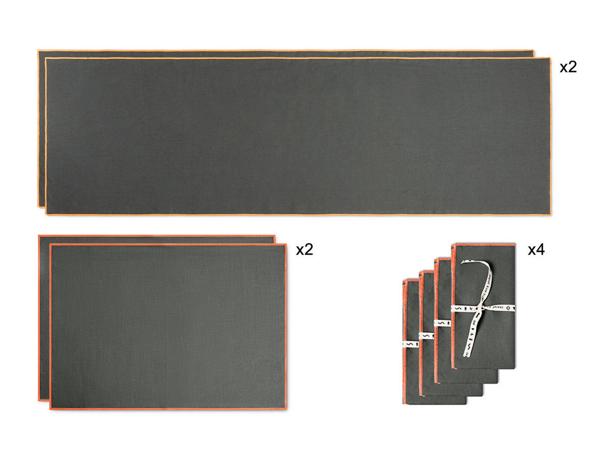 TISCHET 8-teilig, 100% Leinen, marder und fluor SET CONTRAST EDGE - Grau, Textil (40/130cm) - RNT By Really Nice Things