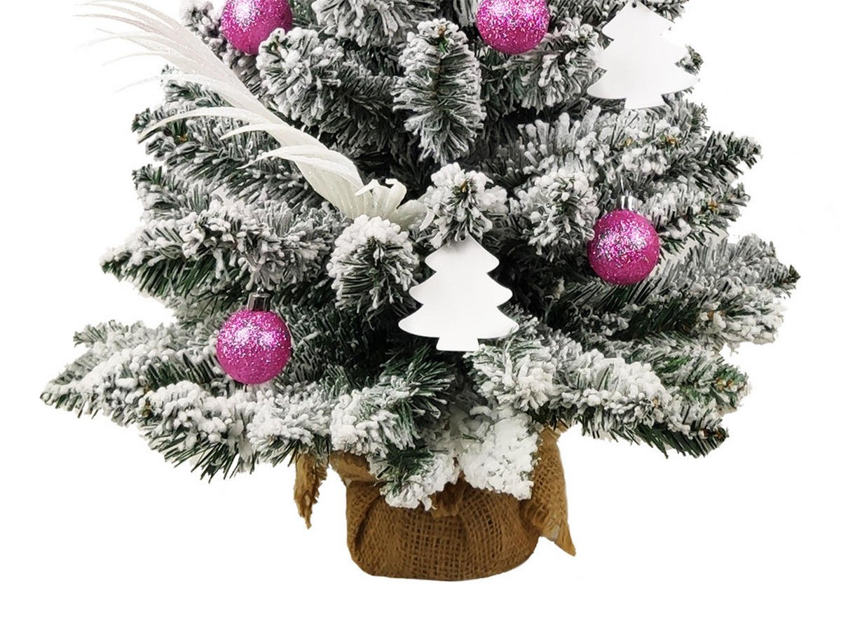 WEIHNACHTSBAUM künstlicher 60 cm mit LED-Beleuchtung, ROSENGLÜCK, mit 26 Weihnachtsbaumschmuck, Pflanztopf mit Jutesack - Pink/Weiß, Kunststoff/Stein (40/60cm) - LAALU