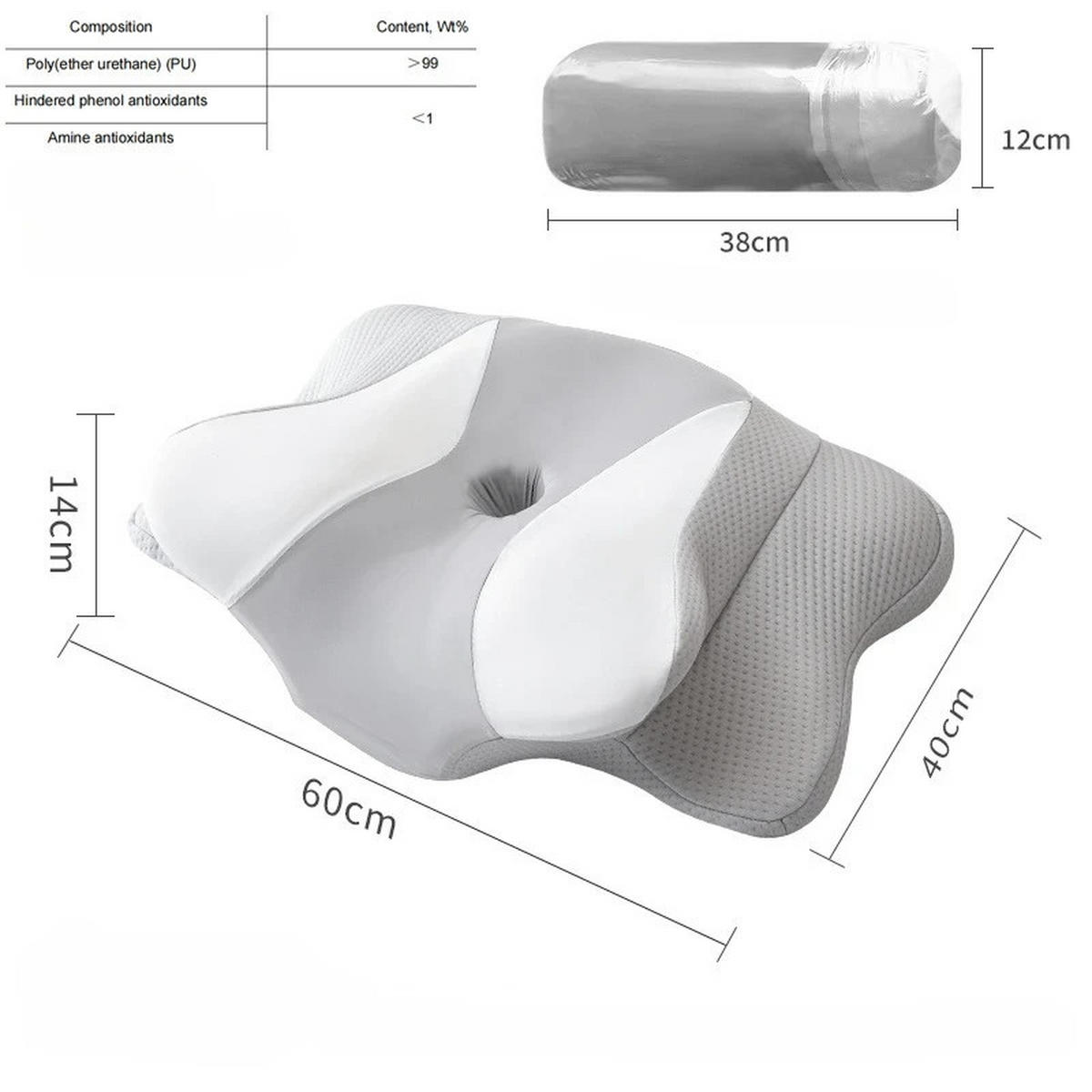 NACKENKISSEN ，Ergonomisches , 60x40x13cm - Hellgrau/Weiß, Textil (60/40cm)