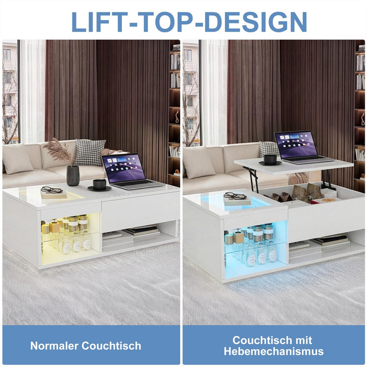 COUCHTISCH Rechteckig - Höhenverstellbarer Couchtisch mit LED - Hochglanz Lift-Top Tisch mit Glasablage - Weiß - Weiß, Holzwerkstoff (55/100/35cm) - DELFA