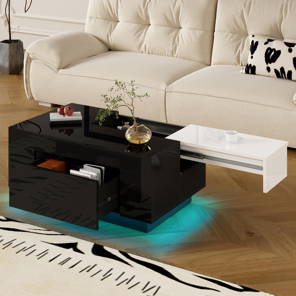 COUCHTISCH 80/50 cm mit LED-Beleuchtung und Stauraum in Schwarz/Weiß - Schwarz, Holzwerkstoff (80/50/35.5cm) - Flora Grace