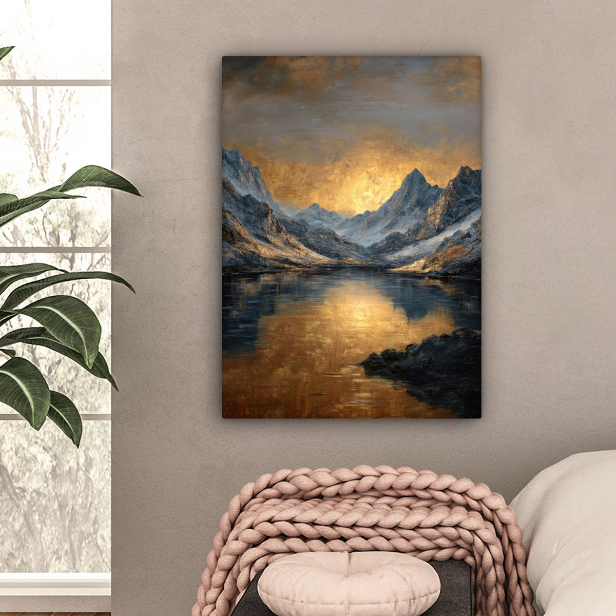 LEINWANDBILD Bergkulisse mit goldenem Sonnenuntergang Wandbild Wohnzimmer 60x80 cm - Goldfarben, Textil (60/80cm) - MuchoWow