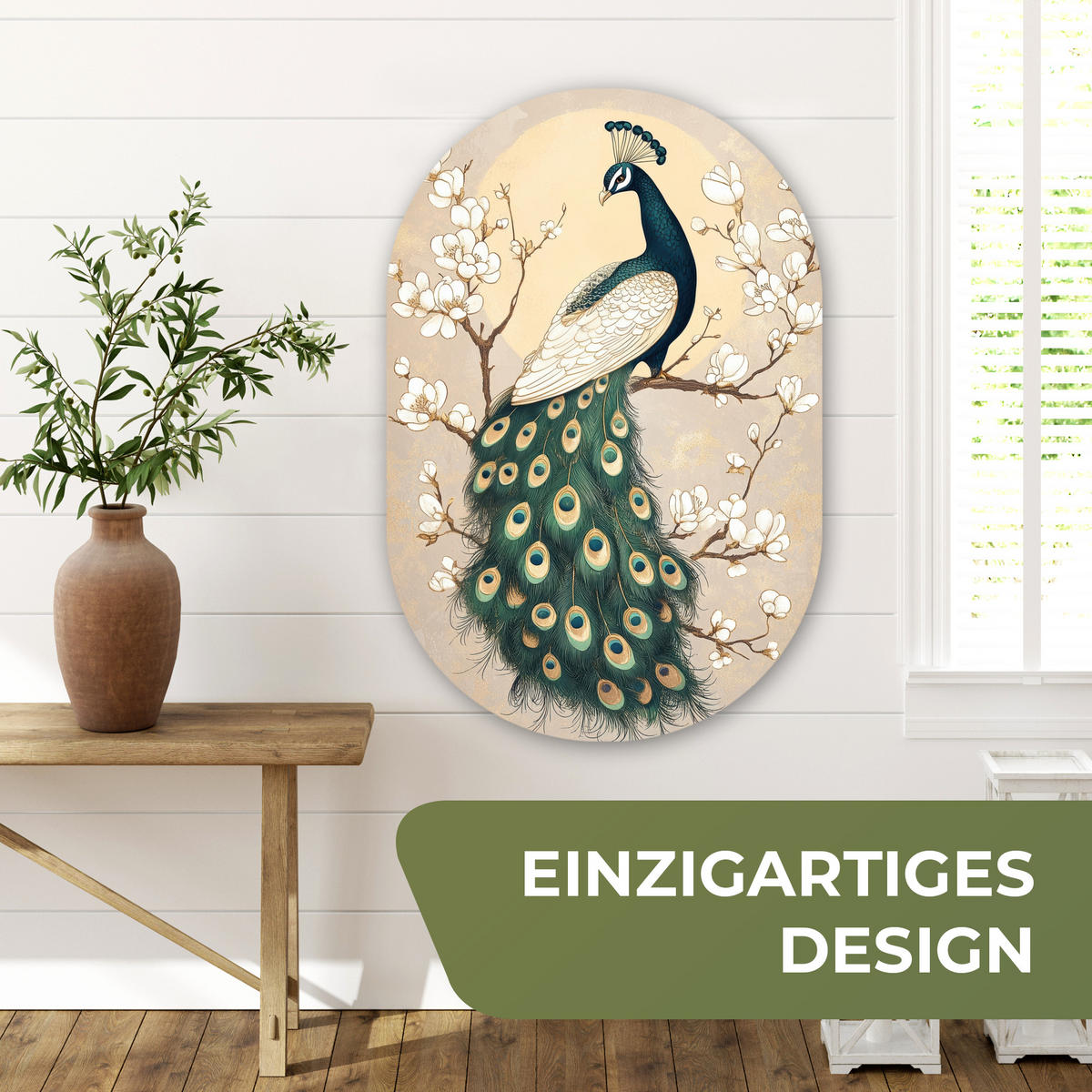 WANDBILD Pfau - Zweig - Blumen 60x90 cm - Champagner, Kunststoff (60/90cm) - MuchoWow