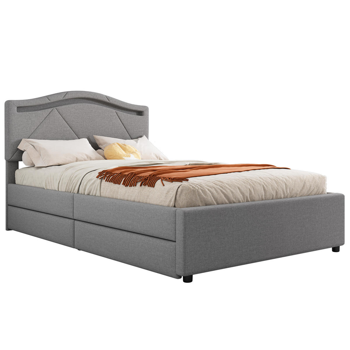 POLSTERBETT 90x200 cm LED Schubladen grau - Grau, Textil (90/200cm) - LEBENLANG