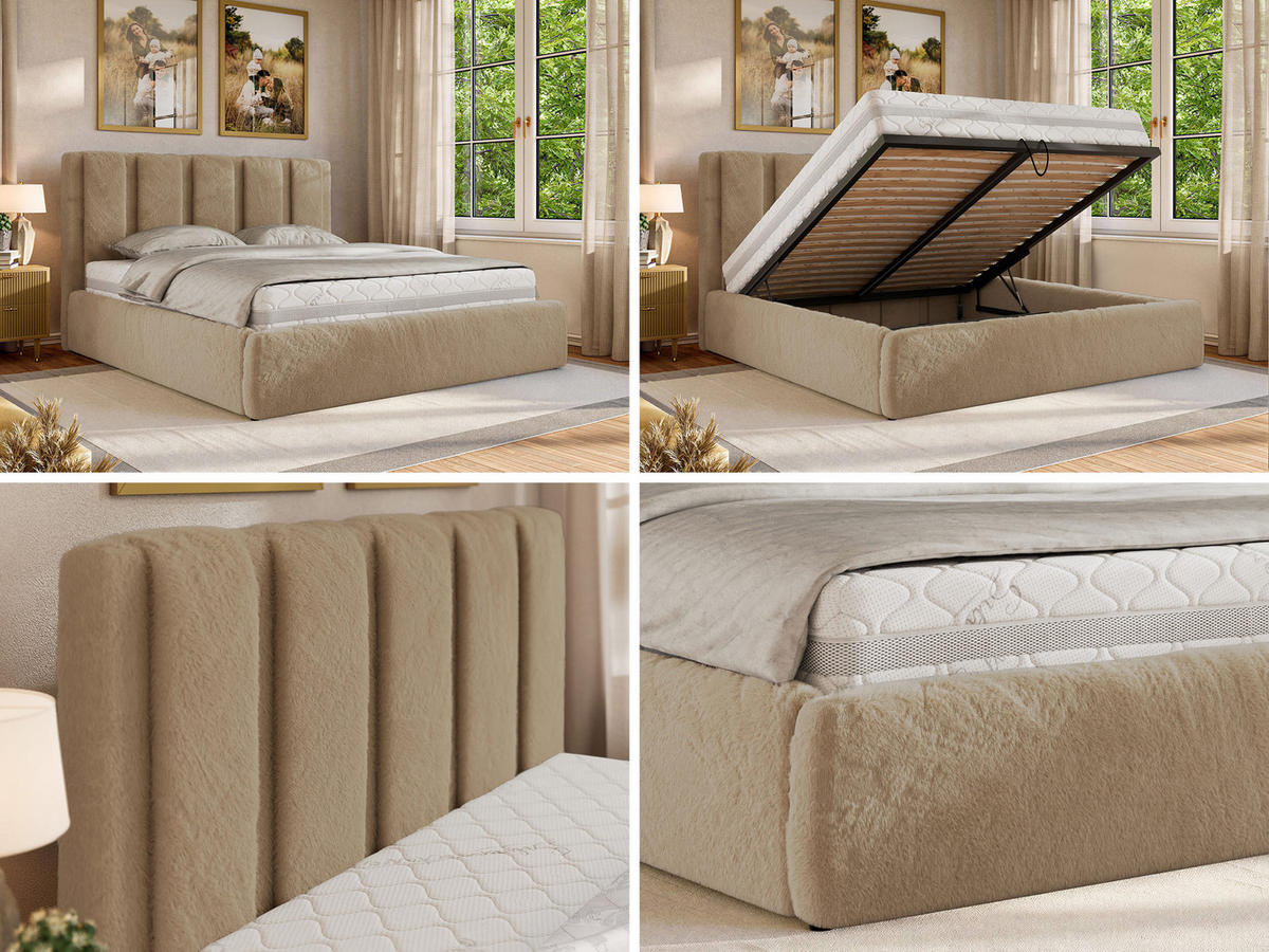 POLSTERBETT SAVINO CLASSIC 160/200 - Beige Plüsch - Schaum-Matratze - Beige, Textil (160/200cm) - MKS