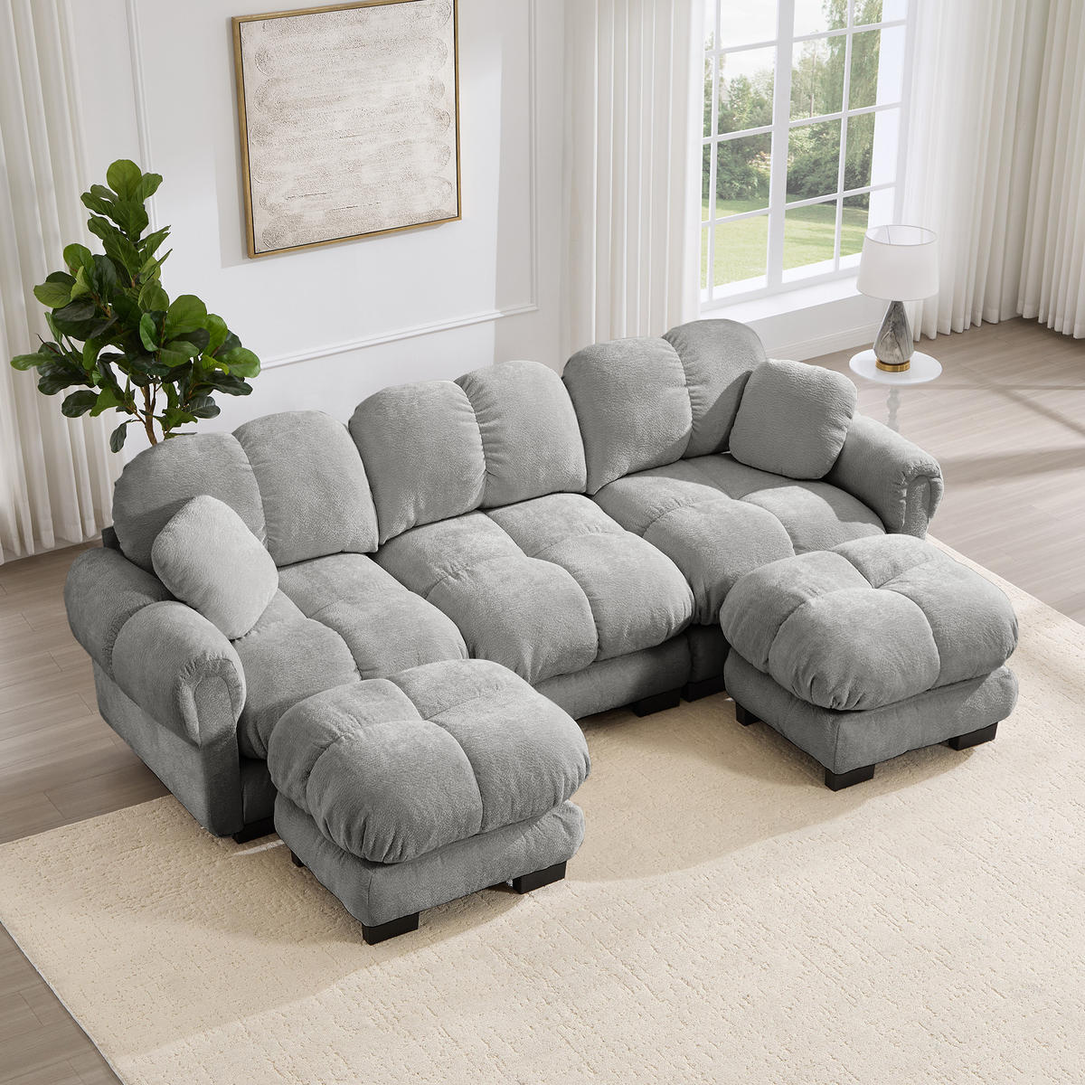 WOHNLANDSCHAFT DE-34384 U-Form mit Ottoman und Steppdesign Hellgrau - Hellgrau, Textil (149/90/260cm) - ComfortXL