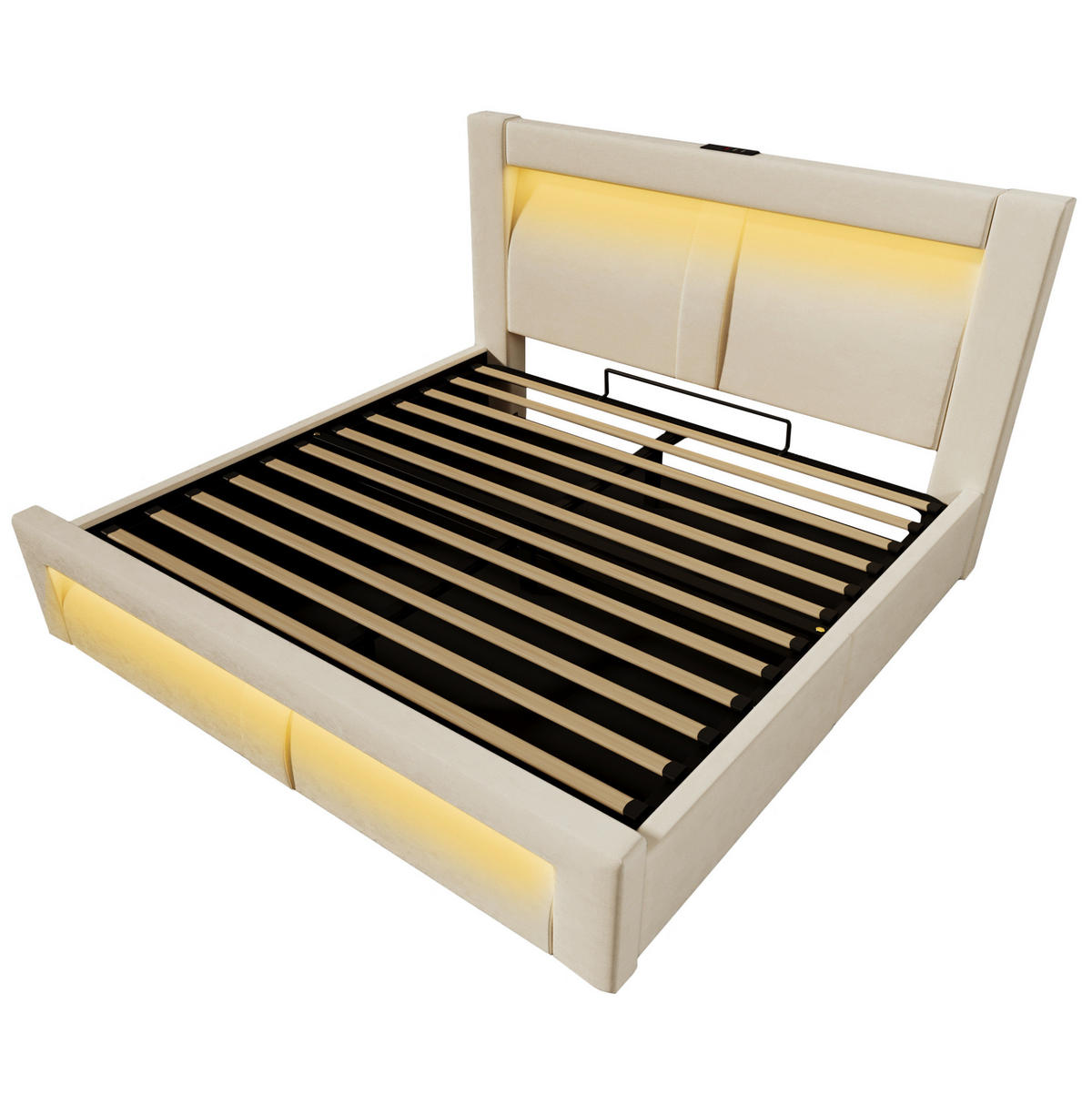 BETT mit Stauraum 140x200 cm Samt Beige mit LED - Beige, Metall (140/200cm) - Meubliv