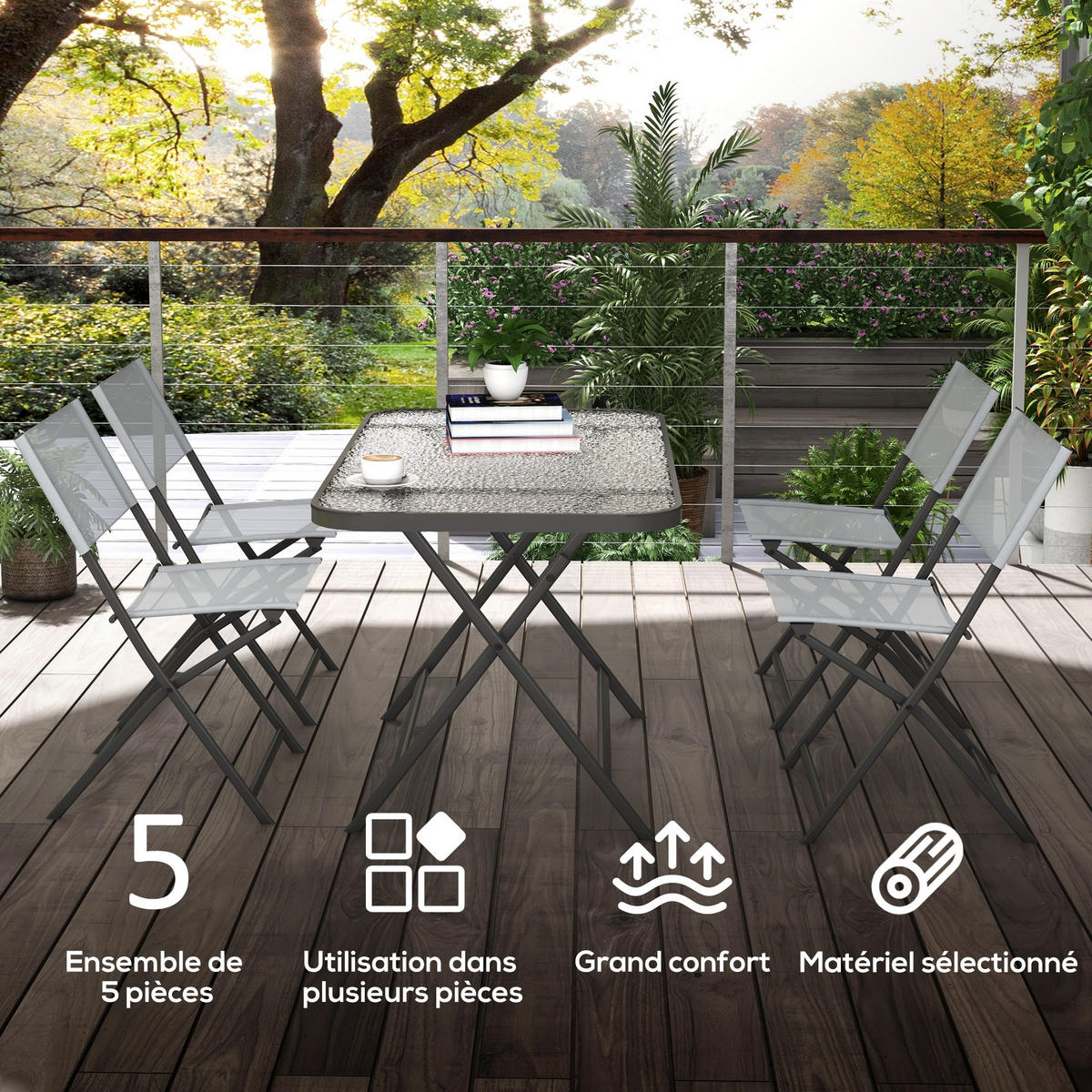 GARTENTISCHGRUPPE DE-18089 klappbar, 4 Sitzer, Glasplatte Grau - Grau, Metall - ComfortXL
