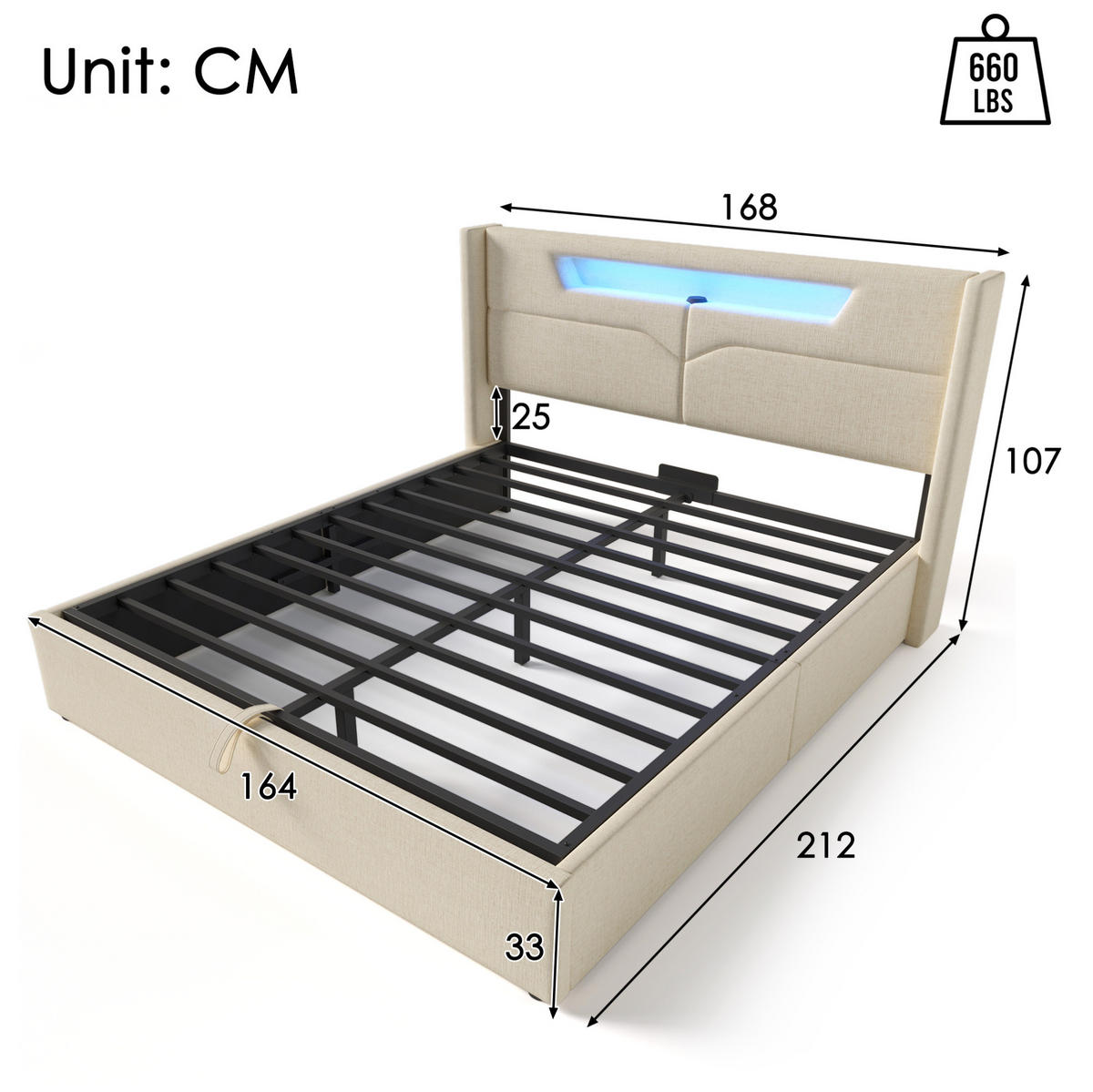 ČALÚNENÁ posteľ 160/200 cm s LED osvetlením, USB a Type C nabíjaním, úložným priestorom, Béžová - béžová, textil (160/200cm) - Redom