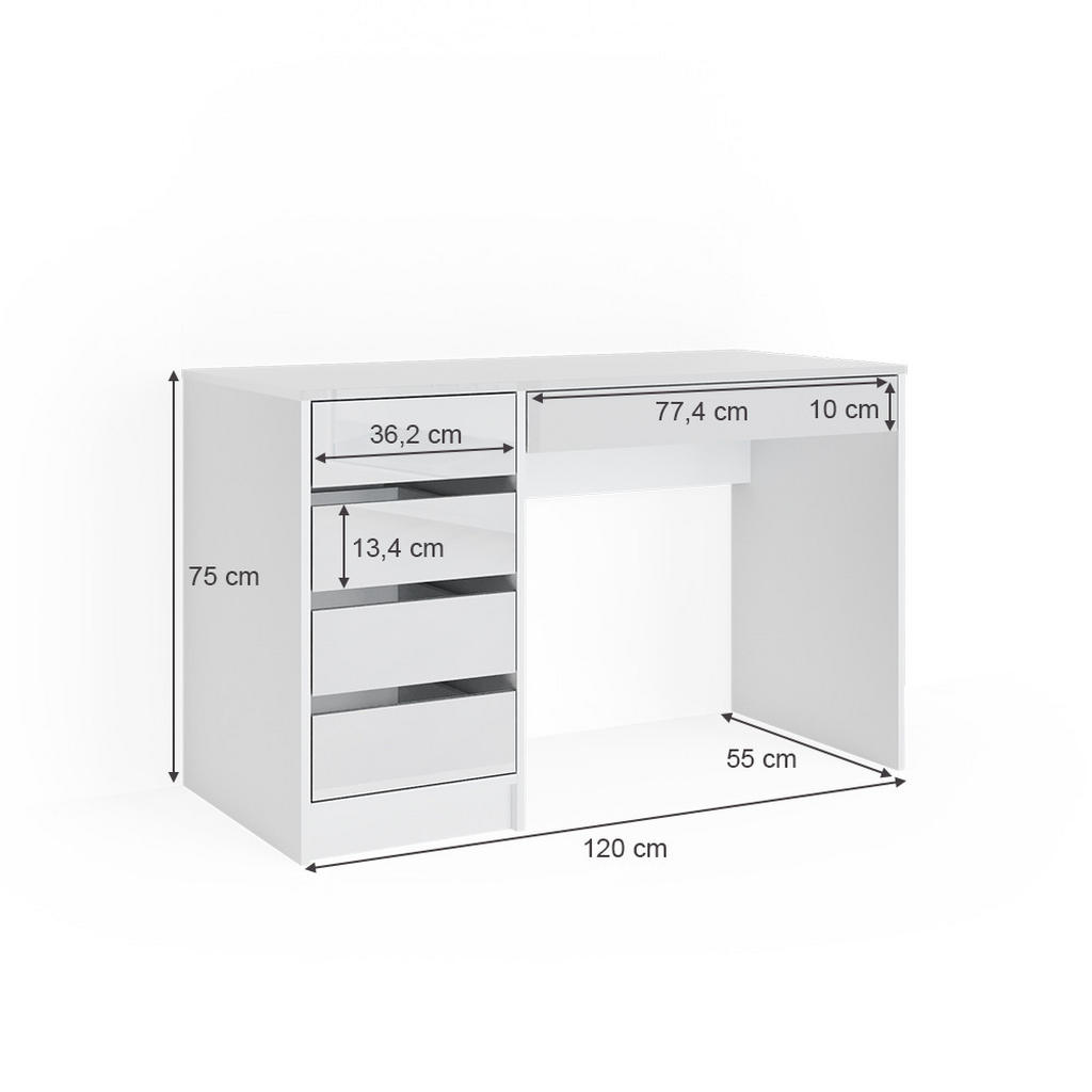 Thumbnail - Vicco Schreibtisch, Weiß Hochglanz, Holzwerkstoff, 6 Fächer, 5 Schubladen, Rechteckig,Rechteckig, 120x75x55 cm, Arbeitsz...