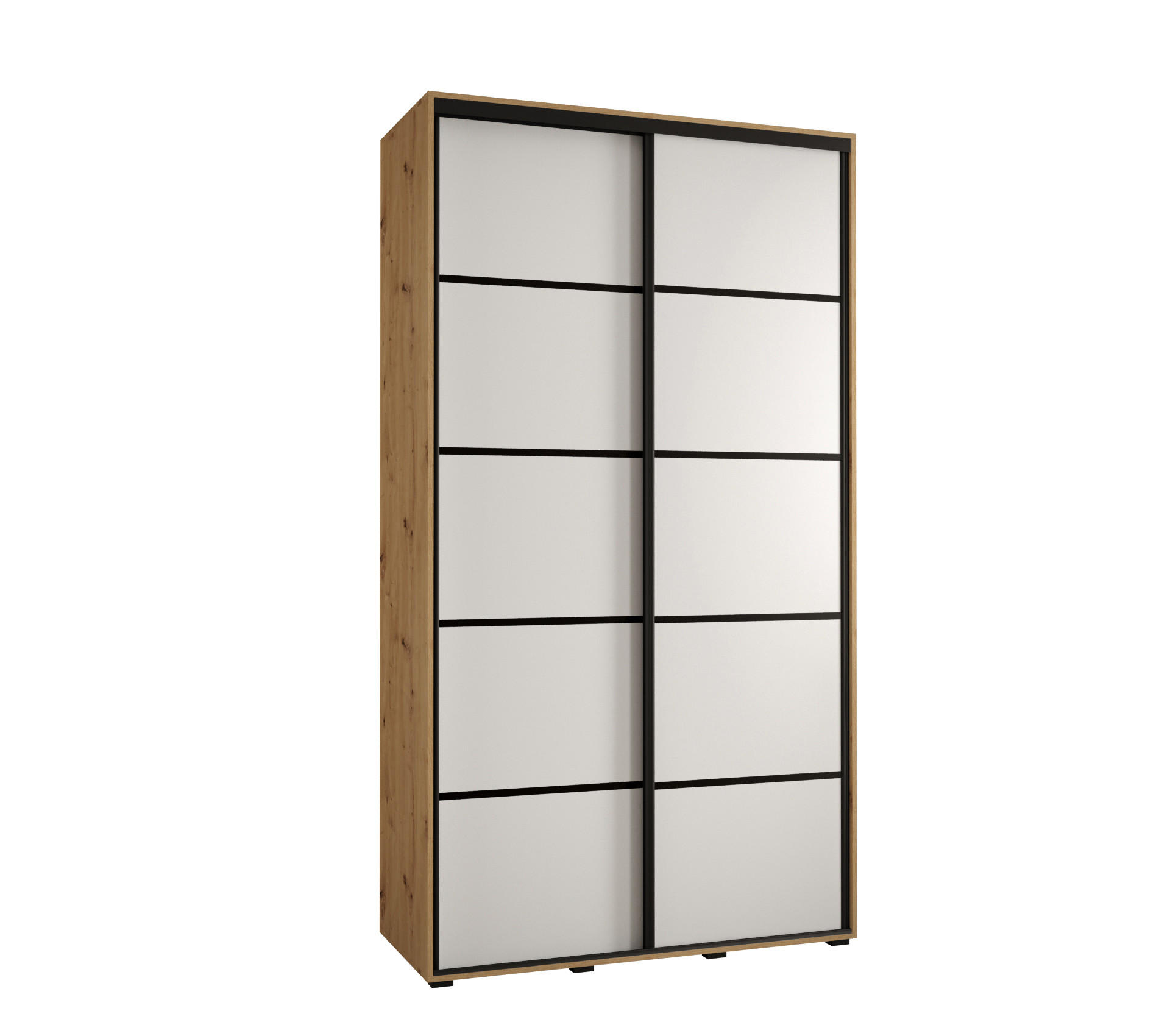 Abiks Möbel Schwebetürenschrank Eiche Artisan, Weiß, Schwarz 140x235x60 cm