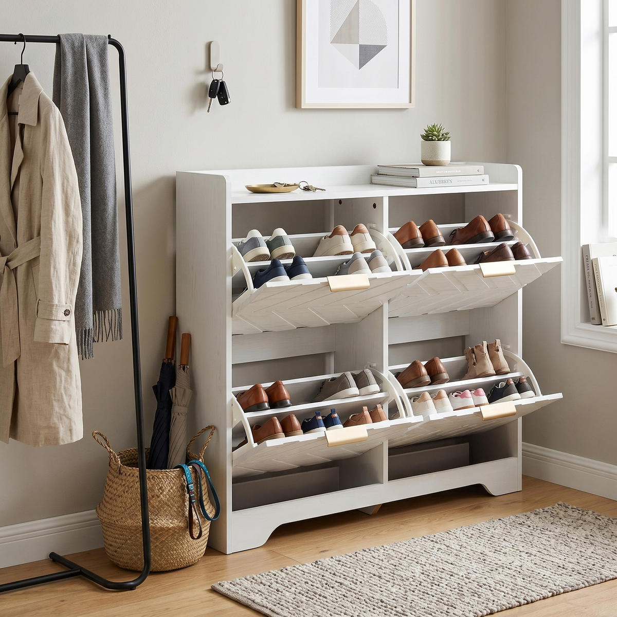 SCHUHSCHRANK mit 3d-strukturfront & 4 klappfächern - Weiß, Holzwerkstoff (105/90/24cm) - Urban Meuble