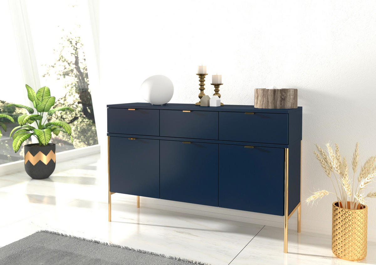 SIDEBOARD Polka, Marineblau, Goldene Details - Goldfarben/Dunkelblau, Holzwerkstoff/Metall (120/78/37cm) - Skandica