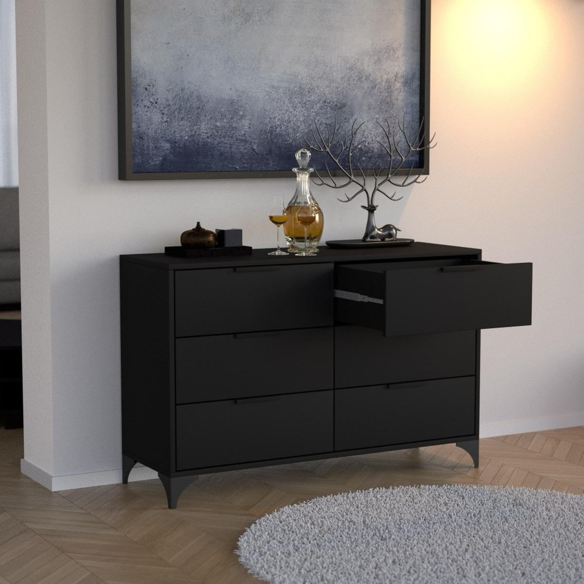KOMMODE Home mit 6 Schubladen, 120 cm, mit Griffen, Schwarz - Schwarz, Holzwerkstoff (120/80/40cm) - Beautysofa