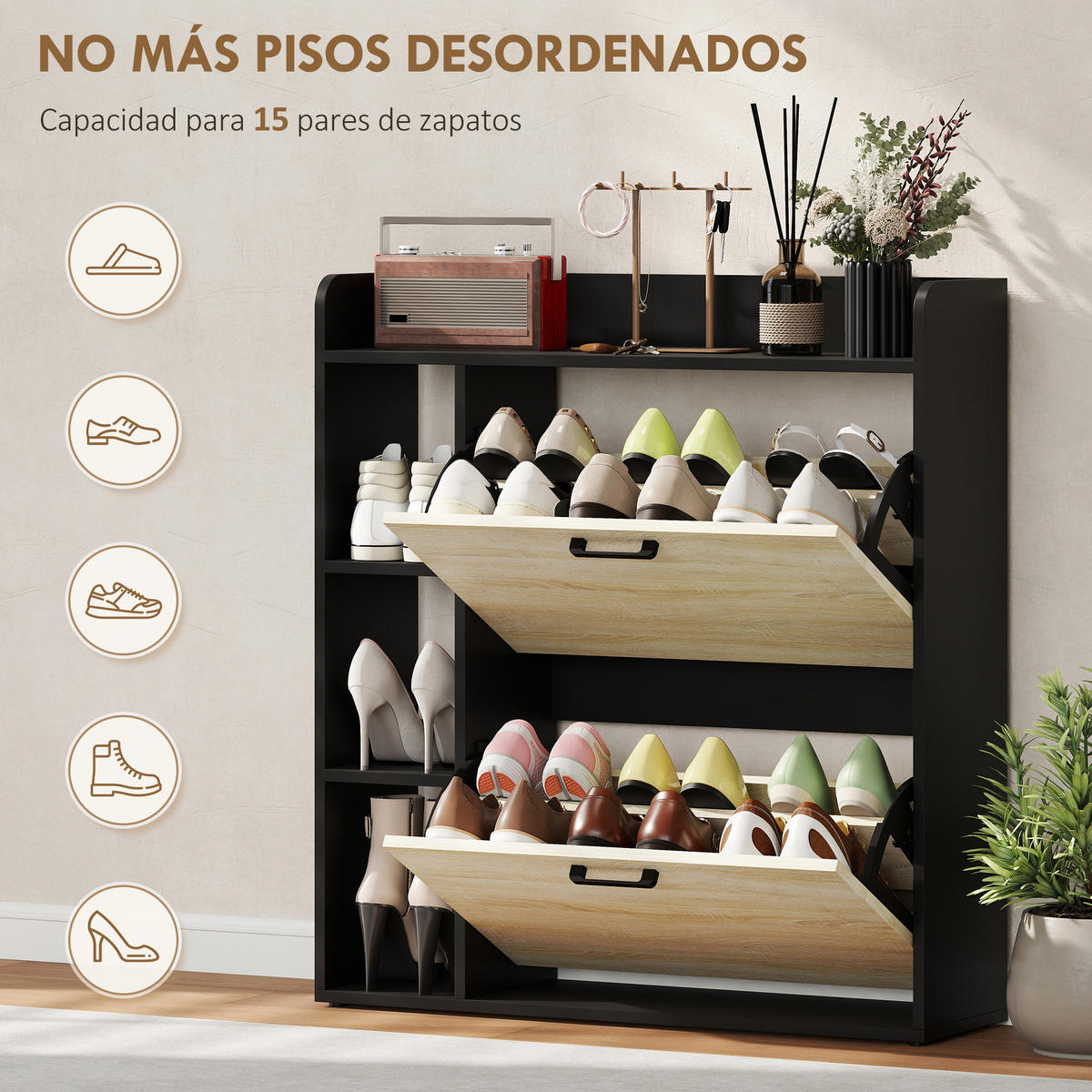 SCHUHSCHRANK,SCHMAL 2 Türen 3 Seitenablagen für 15 Paar,natur-schwarz - Schwarz, Holzwerkstoff (83/90.5/24cm) - Vallsero