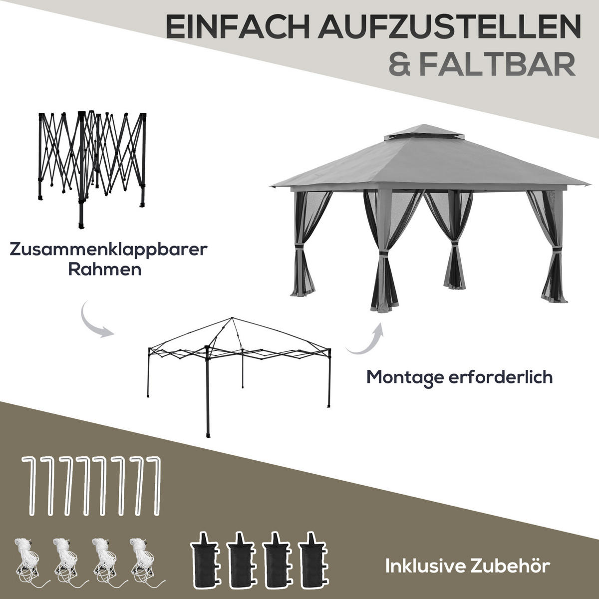 PAVILLON 392/392/283 cm höhenverstellbar mit Doppeldach, UV-Schutz und Netzwänden, Dunkelgrau - Dunkelgrau, Metall (392/283/392cm) - Redom