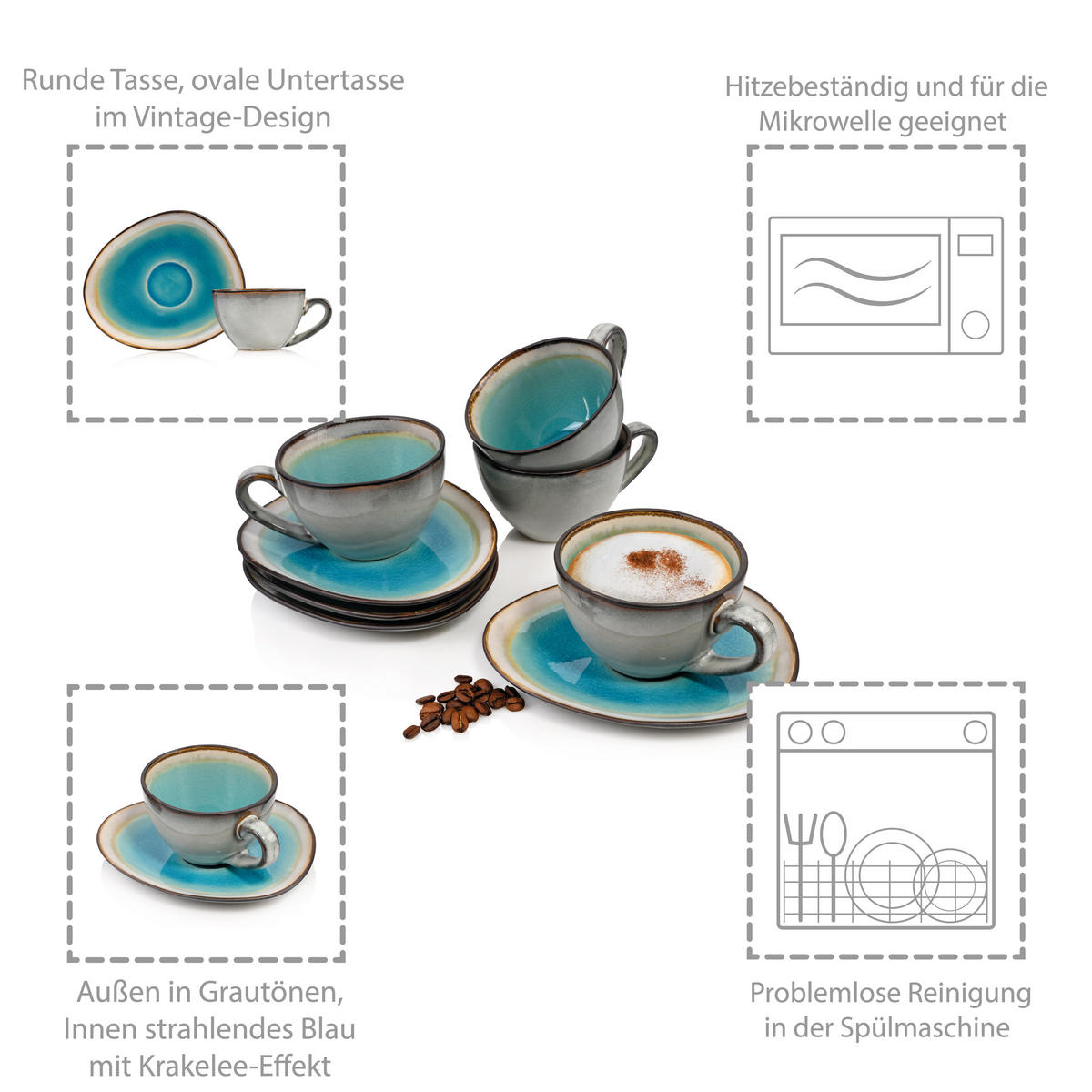 KAFFEETASSEN SET CAPRI -8 teilig aus Steingut - Pastellblau, Keramik (27/39/20cm) - Sänger
