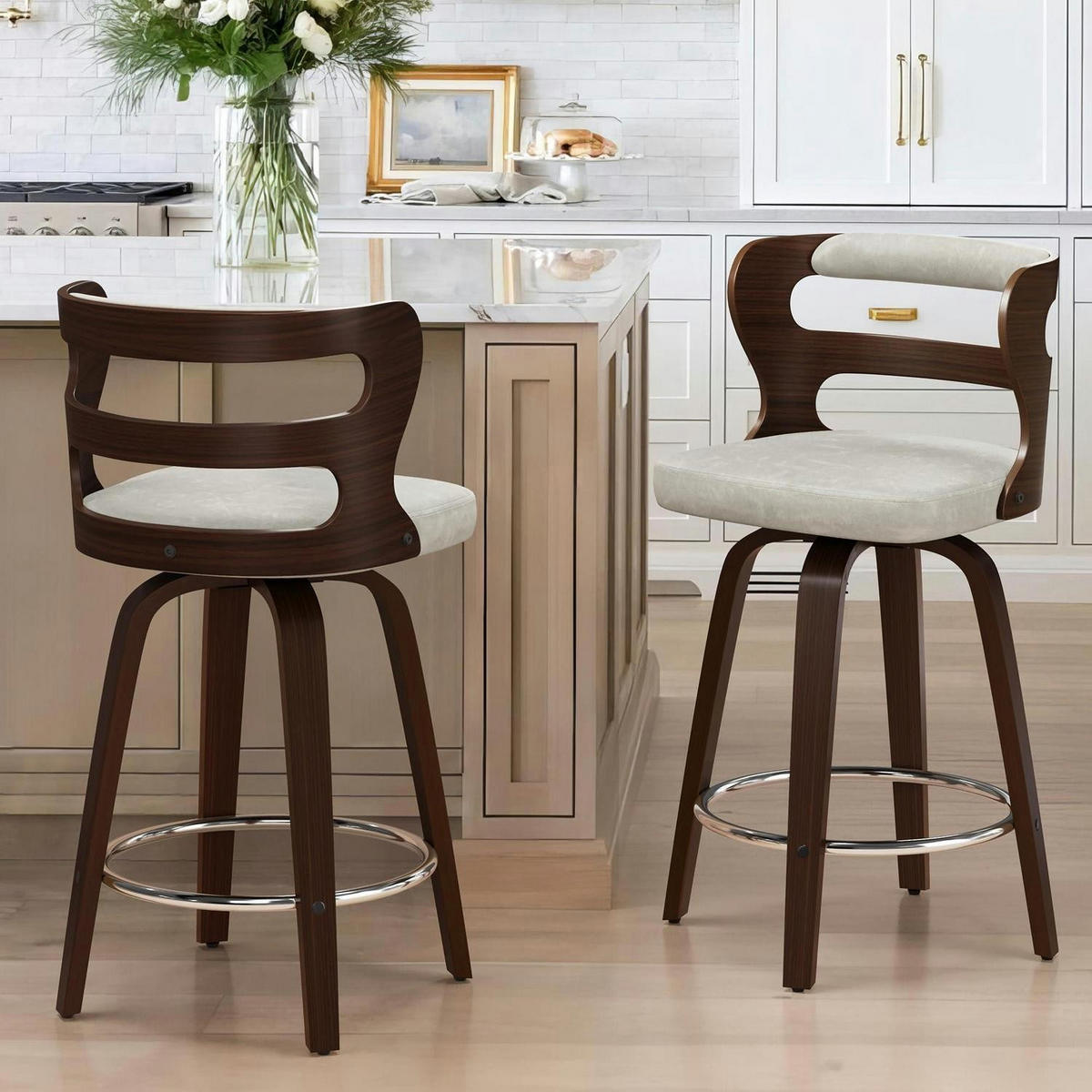 BARHOCKER 2er Set mit Lehne und Armlehnen 66 cm Hoch Holz Kunstleder Beige+Dark Walnut - Beige, Holz (54/94/94cm)