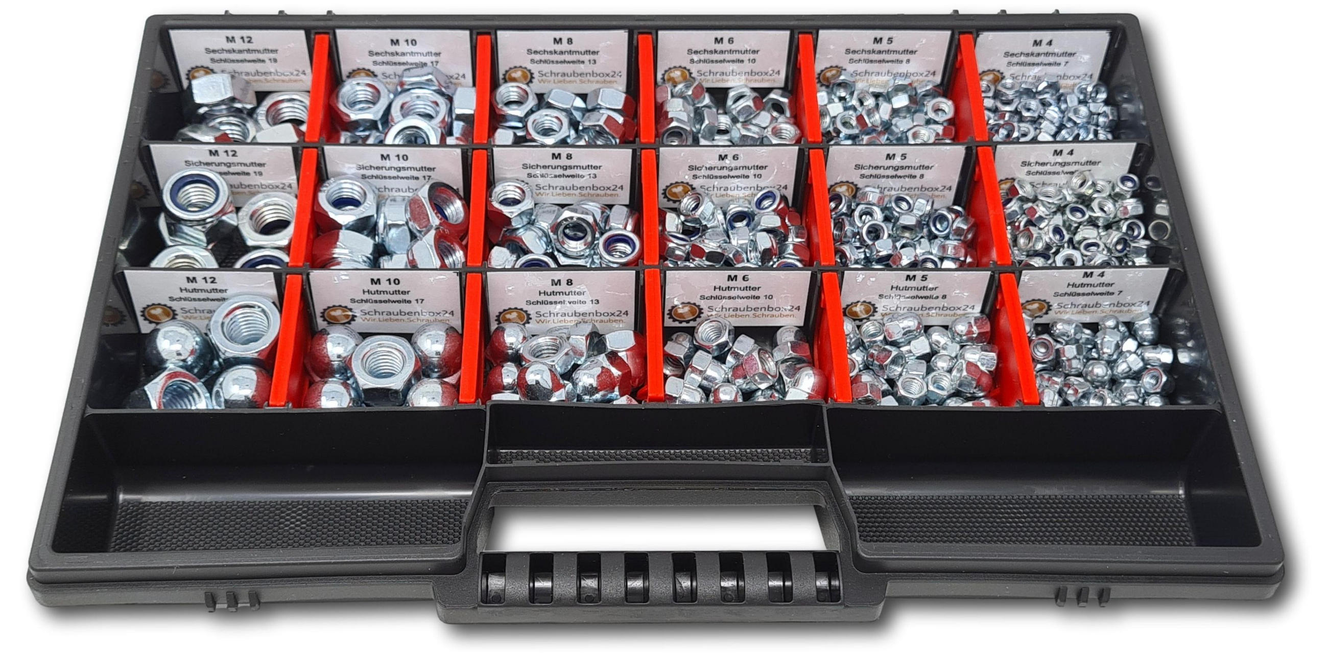 MUTTERN Sortiment M4-M5-M6-M8-M10-M12 554 tlg. Schraubenbox - Zinkfarben, Metall (3.5cm) - Schraubenbox24