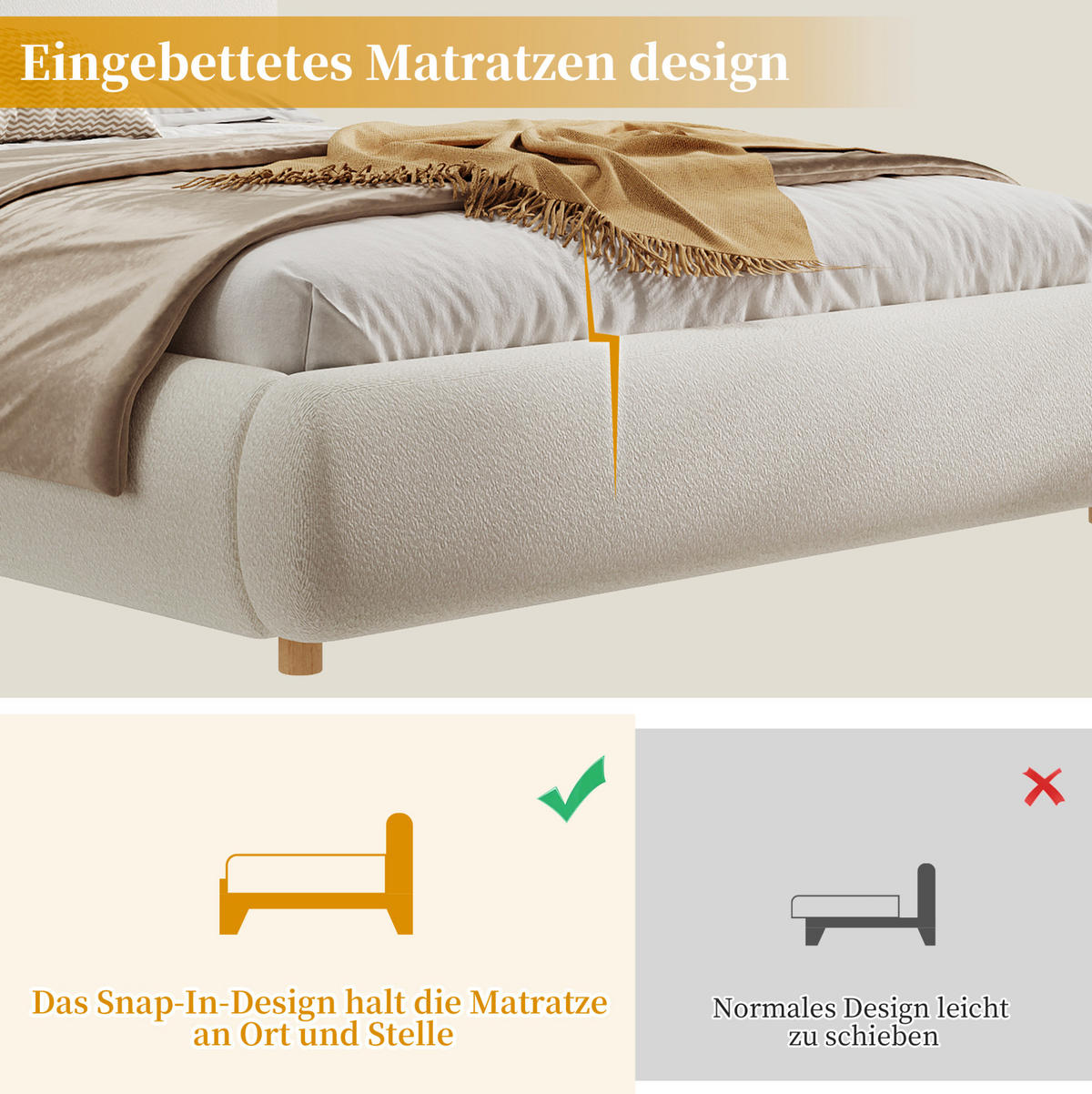 POLSTERBETT mit Bouclé-Bezug 180x200 cm Weiß mit hydraulischem Bettkasten und Lattenrost - Weiß, Textil (180/200cm) - Modfu