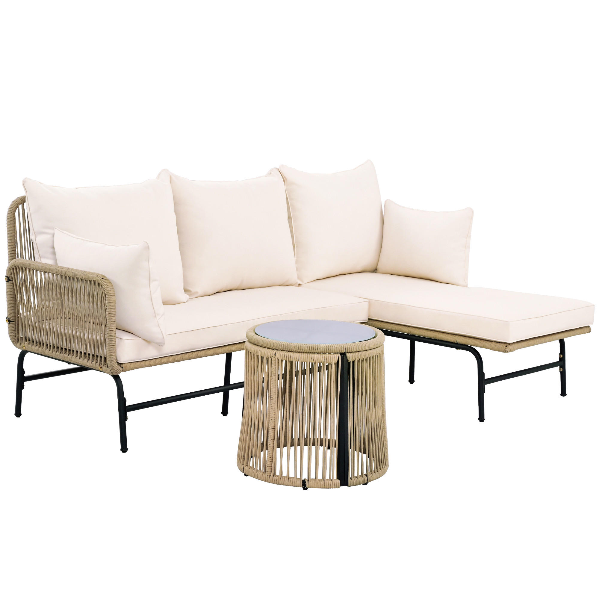 GARTENLOUNGE Set mit Eisengestell und beigem Seil LForm Gesprächsset mit Tisch Gewebtes Seil für Garten Terrasse Beige - Beige, Metall - FLIEKS
