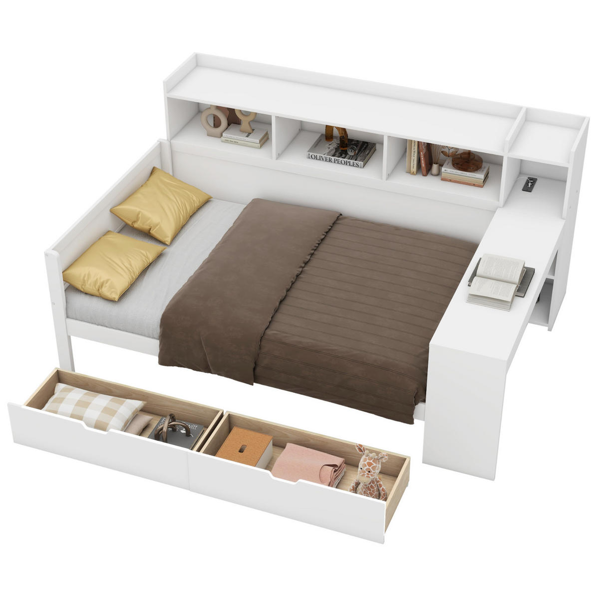 BETT 90/200 cm in Weiß mit Schreibtisch, USB-Anschluss und 2 Schubladen - Weiß, Holzwerkstoff (90/200cm) - BEAOK