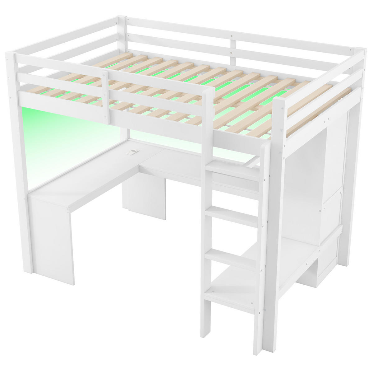 HOCHBETT 140/200 cm aus Kiefer massiv und MDF mit Schreibtisch, LED, USB und Regalen Weiß - Weiß, Holz (140/200cm) - Modenvie