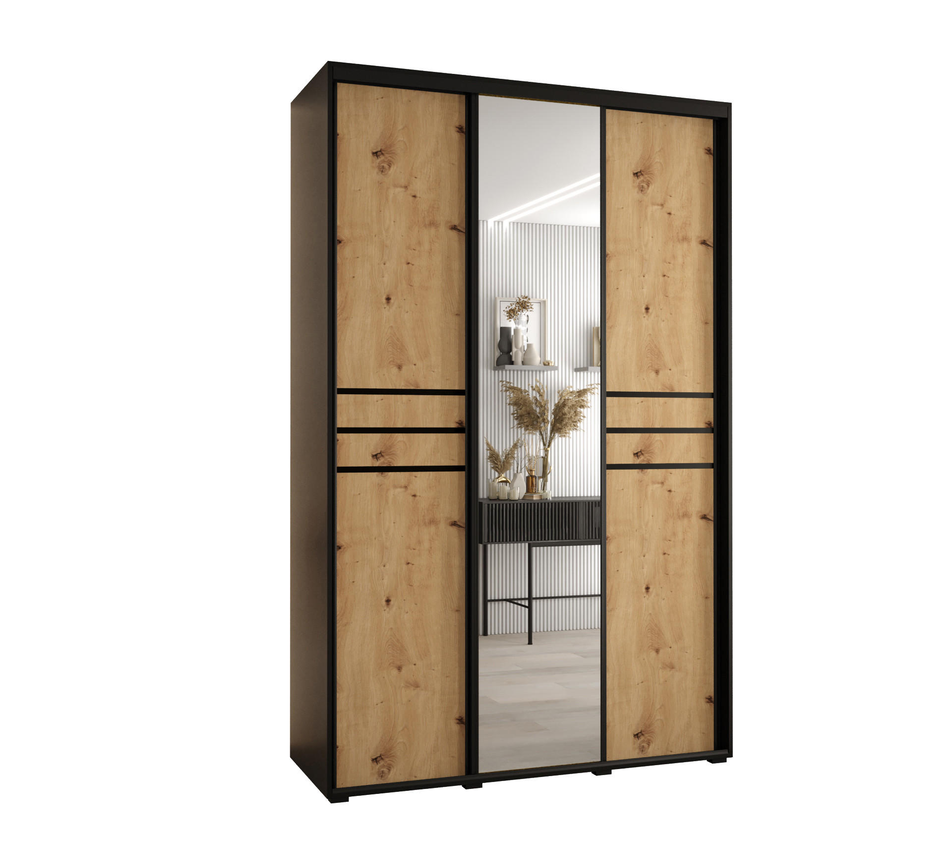 SCHWEBETÜRENSCHRANK 235,2/160/45 3-türig - Schwarz/Eiche Artisan, Holz/Metall (160/235/45cm) - Abiks Möbel