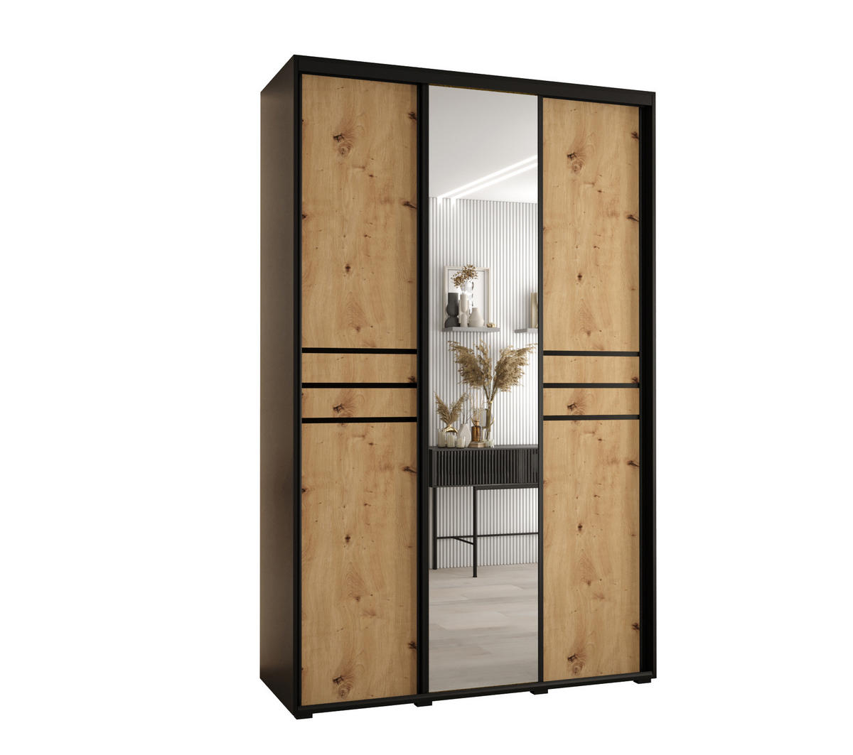 SCHWEBETÜRENSCHRANK 235,2/160/45 3-türig - Schwarz/Eiche Artisan, Holz/Metall (160/235/45cm) - Abiks Möbel