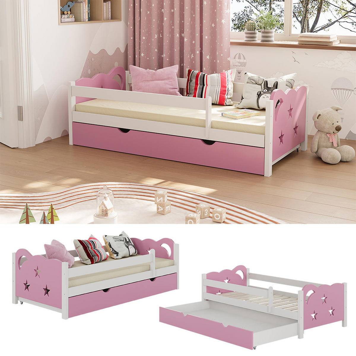 KINDERBETT Jessica Rosa 80x160 cm mit Schublade, ohne Matratze - Pink/Weiß, Holzwerkstoff (166/53/86cm) - VitaliSpa