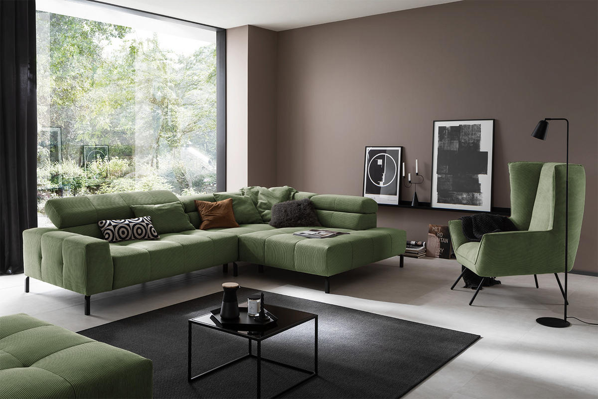 ECKSOFA MIT MOTORISCHEM SITZVORZUG OHIO Grün Cord - Schwarz/Grün, Textil/Metall (311/219cm) - KAWOLA