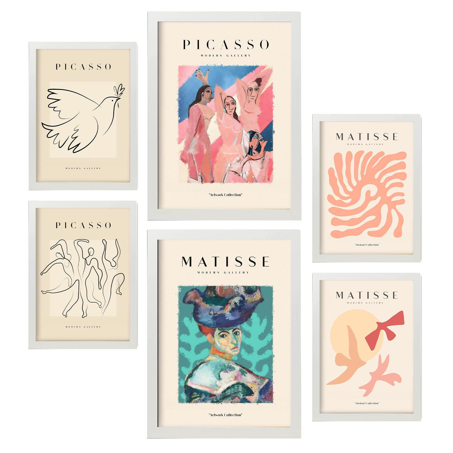 POSTER Set Mit 6 Von Picasso Und Matisse Körper Drucke Des Fauvismus Und Surrealismus Für Innenarchitektur A3 & A4 Weißer Rahmen - Weiß, Papier (29/3cm) - Nacnic