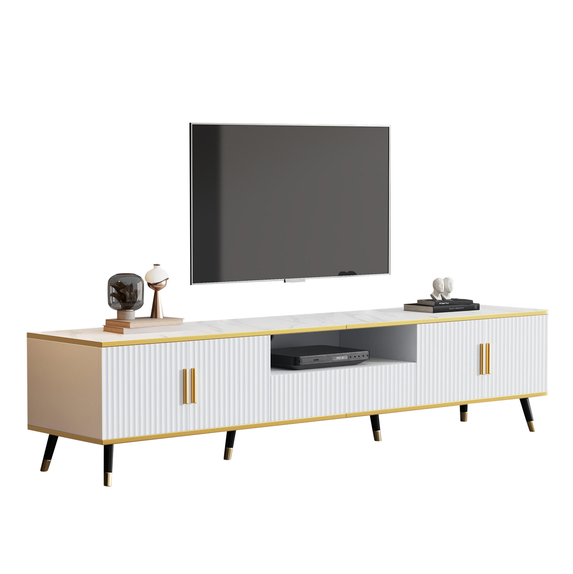 TV-SCHRANK 200/40/46 cm weiß mit Marmoroptik mit 2 Türen und 1 Schublade - Weiß, Holzwerkstoff (200/46/40cm) - OKWISH