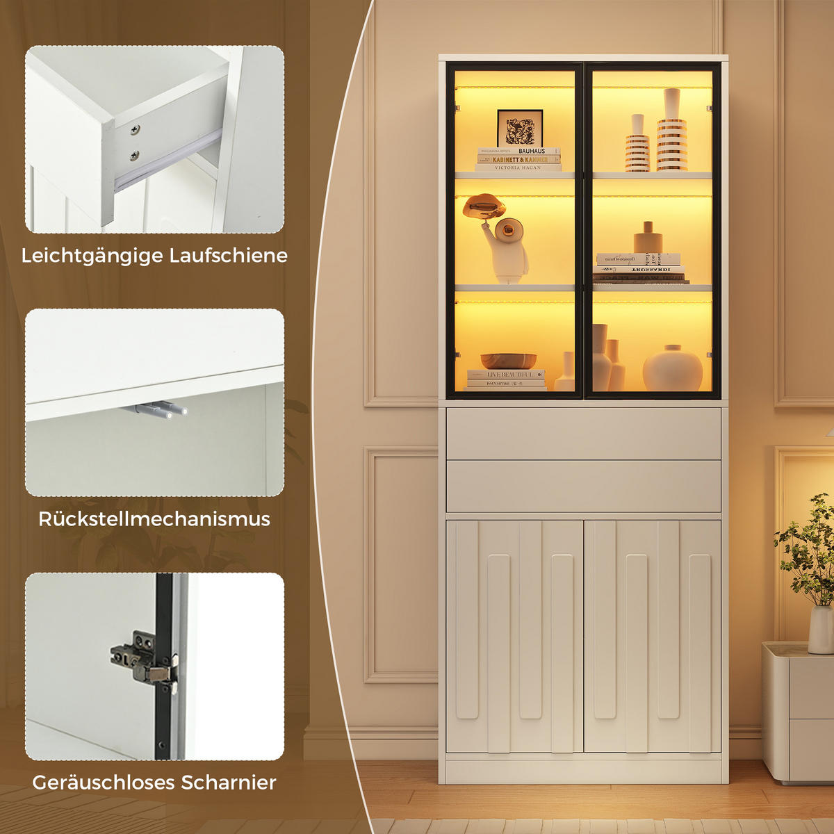 VITRINE 70x34x180 cm Weiß mit LED und 2 Schubladen - Weiß, Holzwerkstoff (70/180/34cm) - FLIEKS